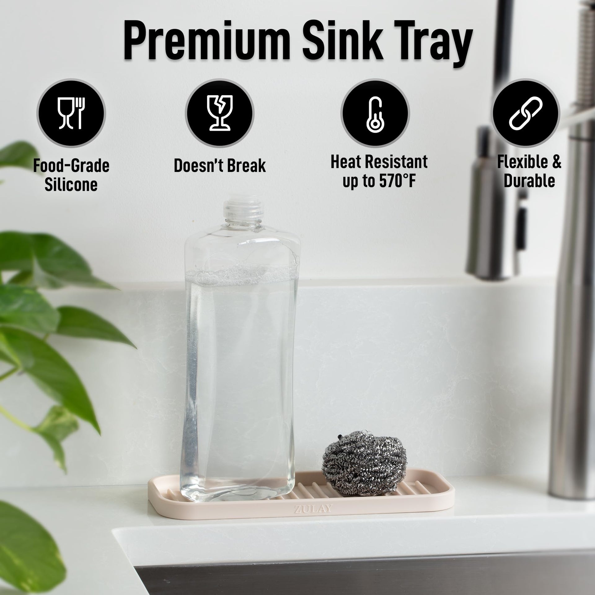 9x3.5) Silicone Sponge Holder for Kitchen Sink - Flexible Multipurpose Soap Tray - Sink Organizer for Kitchen, Bathroom, Makeup, Trinkets & More (Ivory)