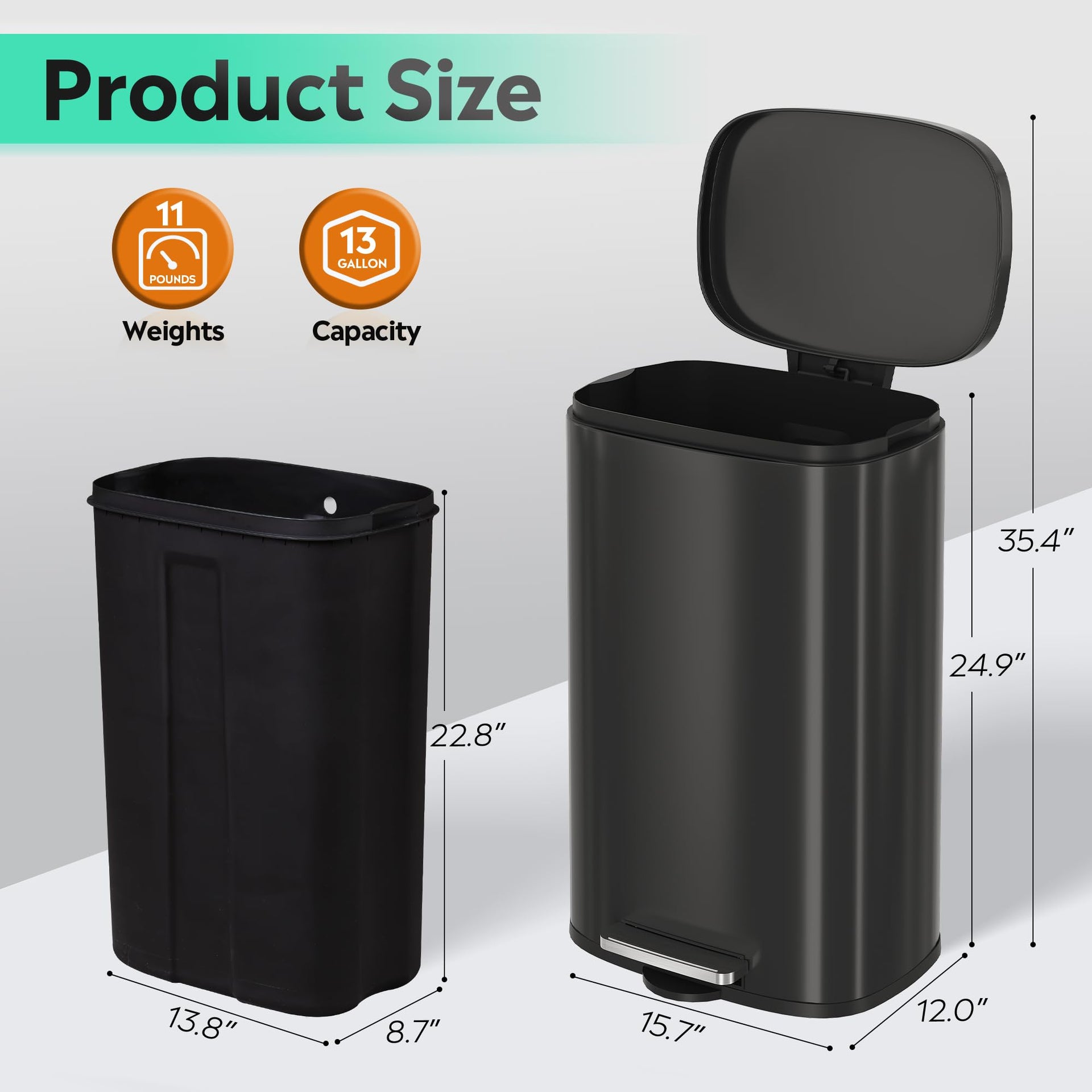 13 Gallon Stainless Steel Trash Can with Inner Bucket