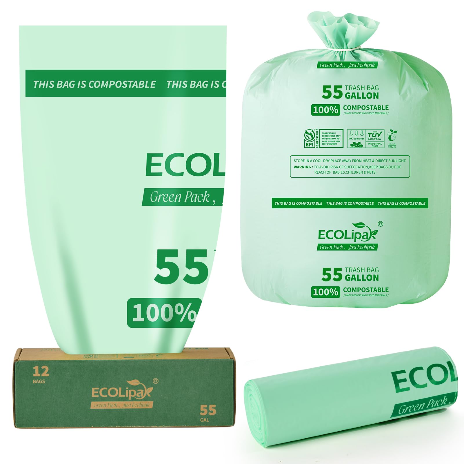 55 Gallon 12 Count Large Compostable Trash Garbage Bags for Lawn