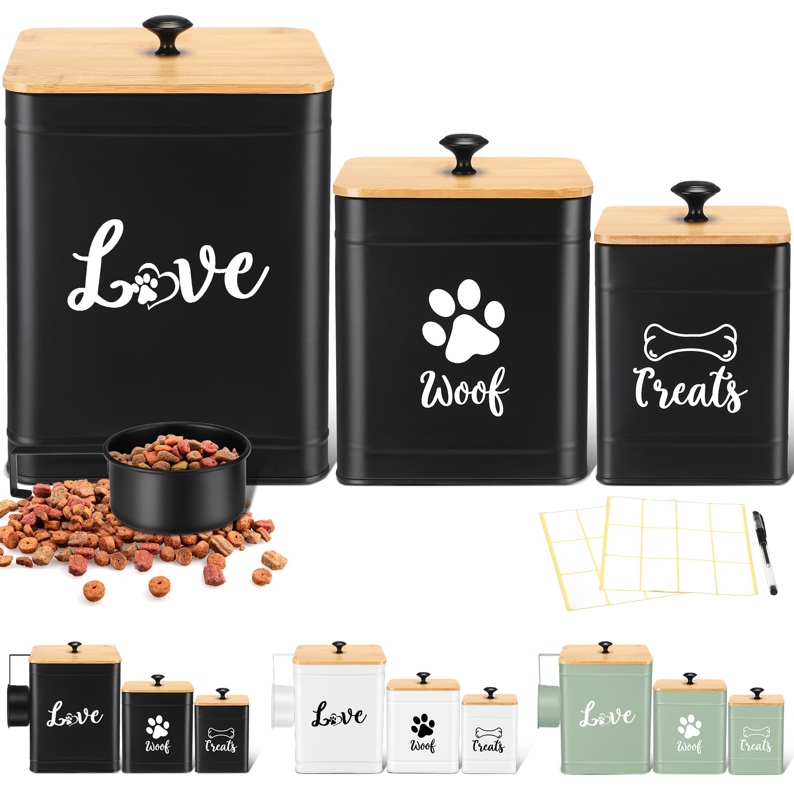 Metal Dog Treat Containers Set of 3 with Bamboo Lids and Spoon Airtight 7+3+2 lbs Dog Food Snack Jars with DIY Labels Big Pet Cookie Storage Jar for Kitchen Counter (3 Count)