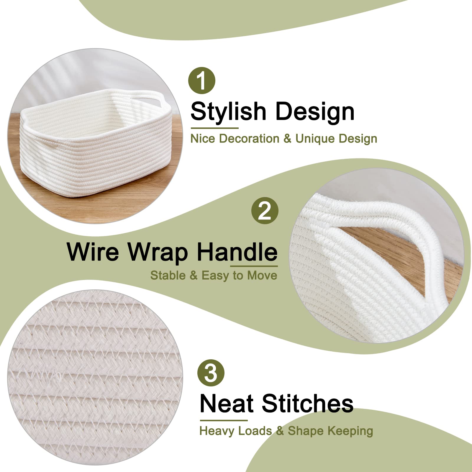 3 Pack Storage Baskets for Shelves Cotton Rope Storage Bins White (3 Count)