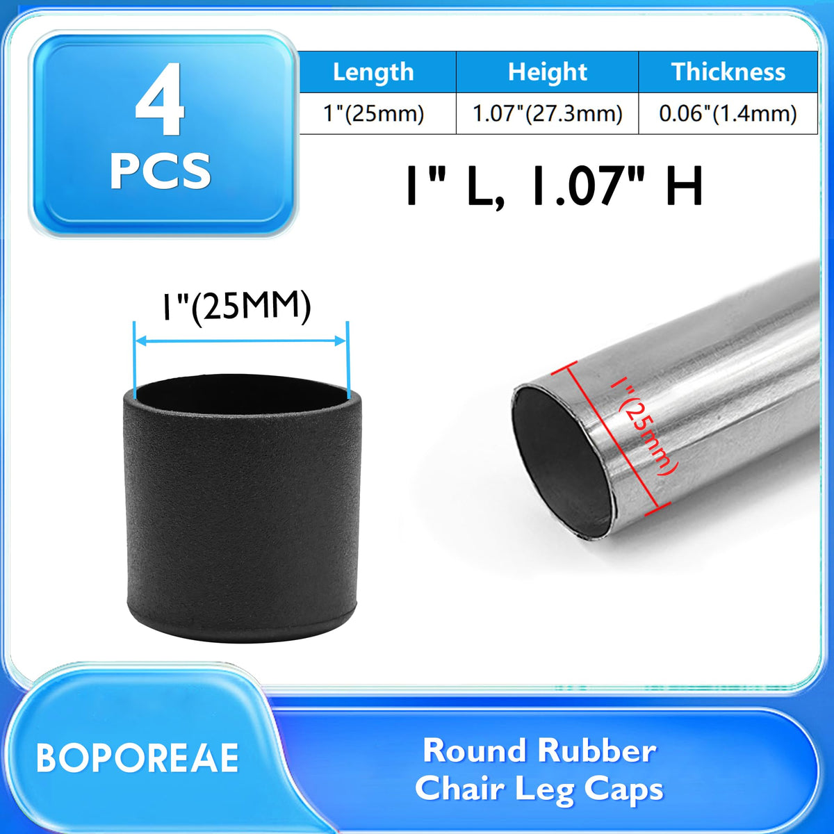 4 Pcs 1" Black Round Rubber Chair Leg Caps (4 Count)