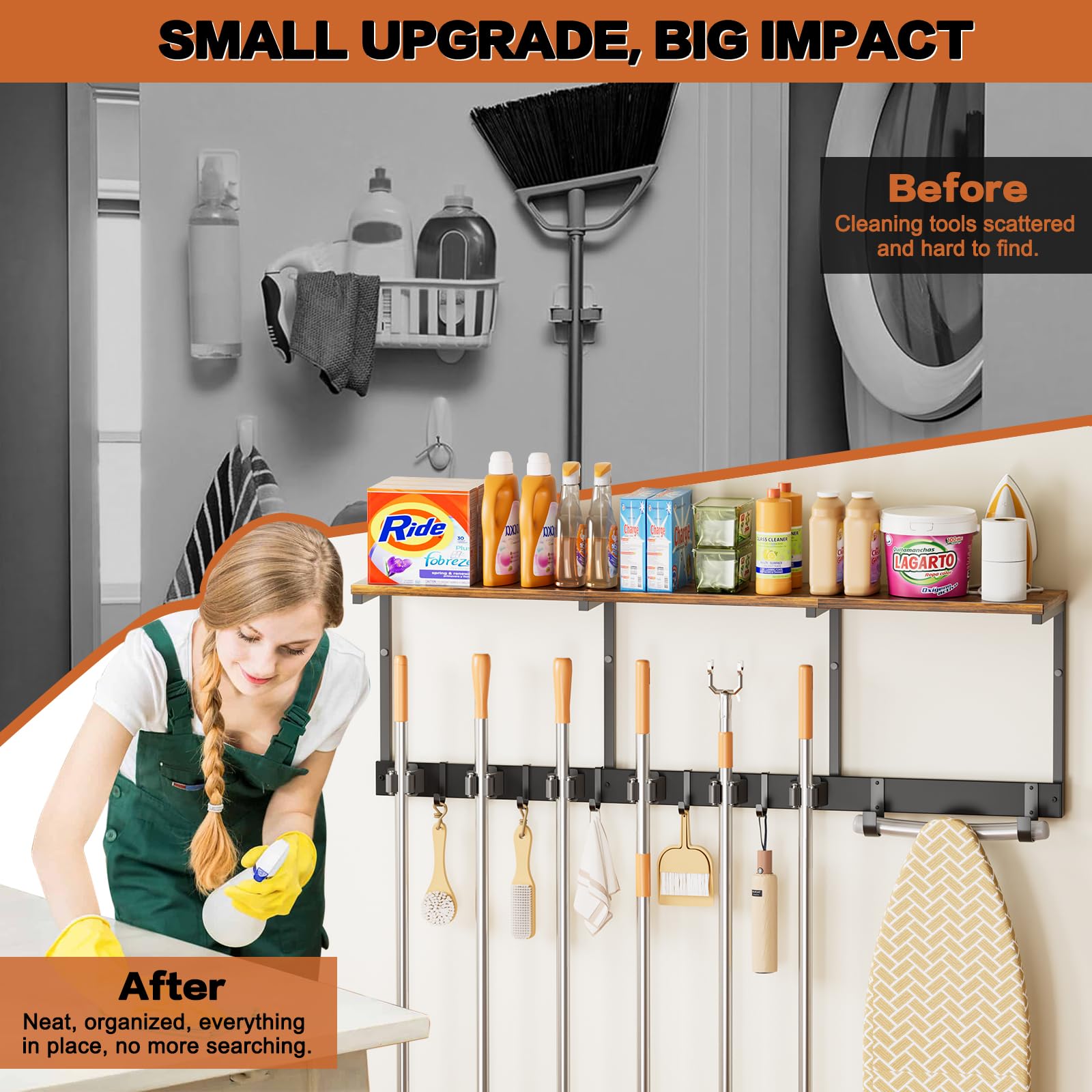 Broom Holder Wall Mount with Cleaning Supplies Organizer