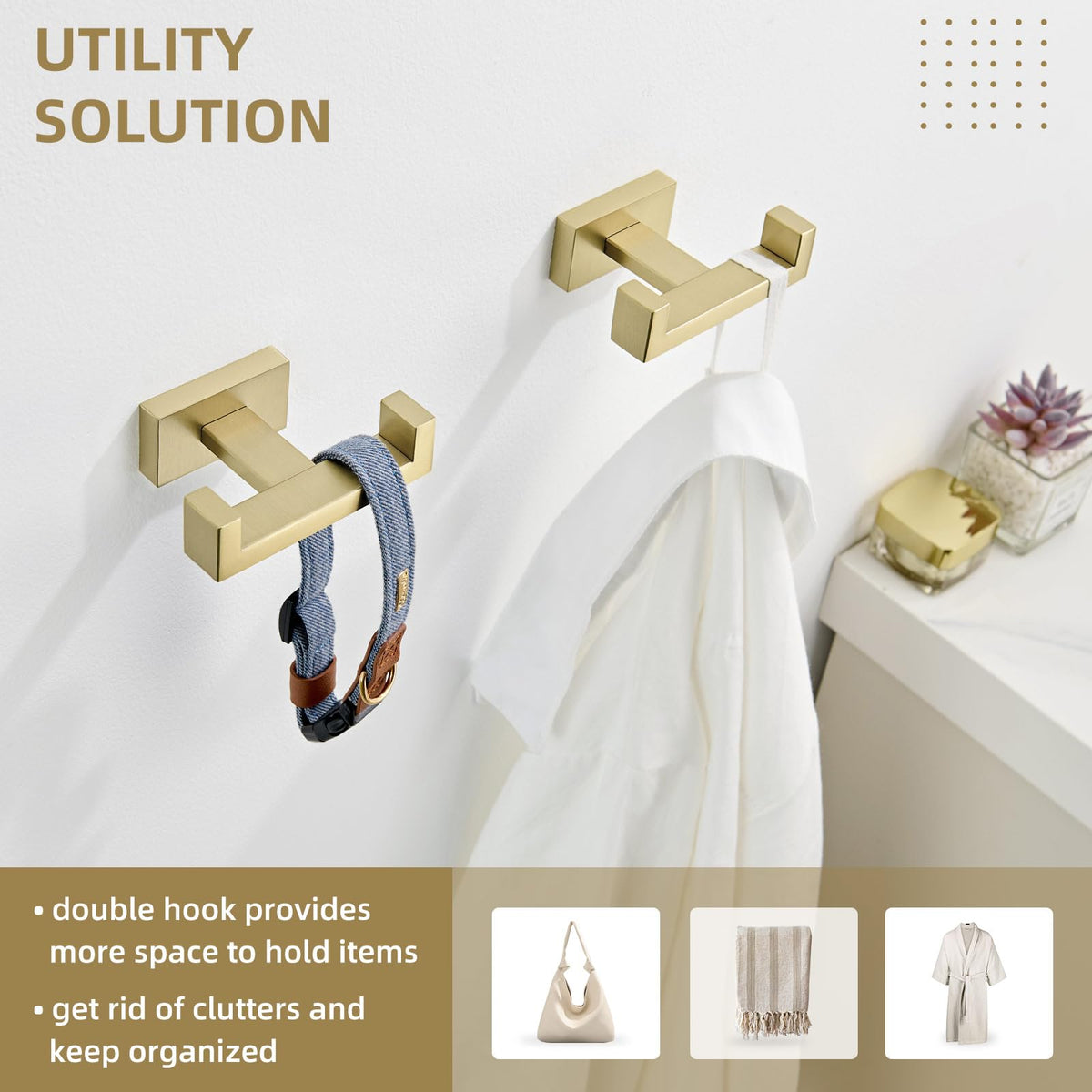 Double Towel Hook Brushed Gold (2 Count)