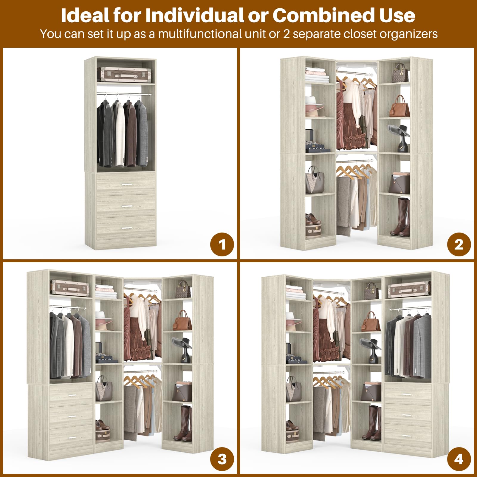 Corner Closet System with 3 Drawers