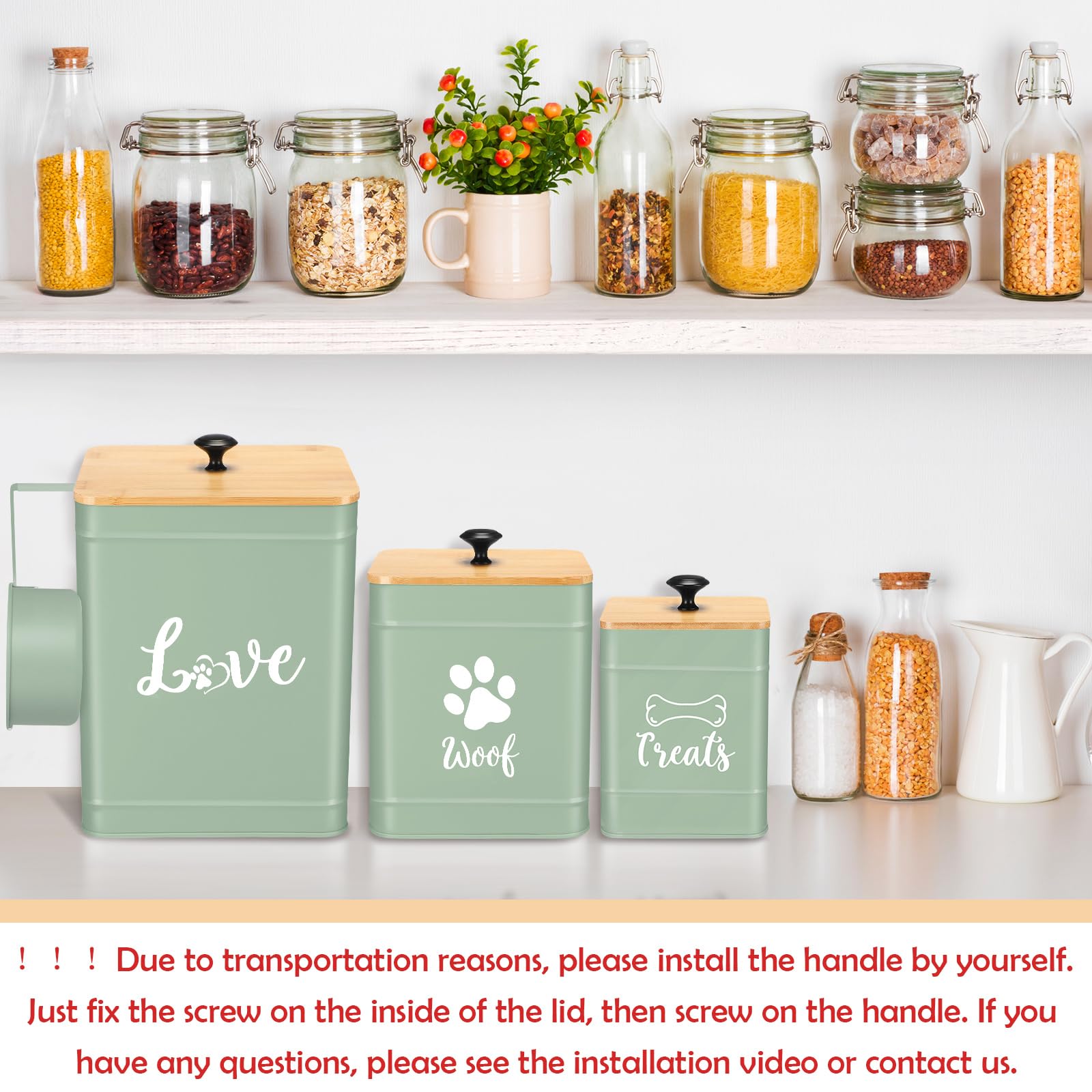 Metal Dog Treat Containers Set of 3 with Bamboo Lids and Spoon Airtight 7+3+2 lbs Dog Food Snack Jars with DIY Labels Big Pet Cookie Storage Jar for Kitchen Counter (3 Count)