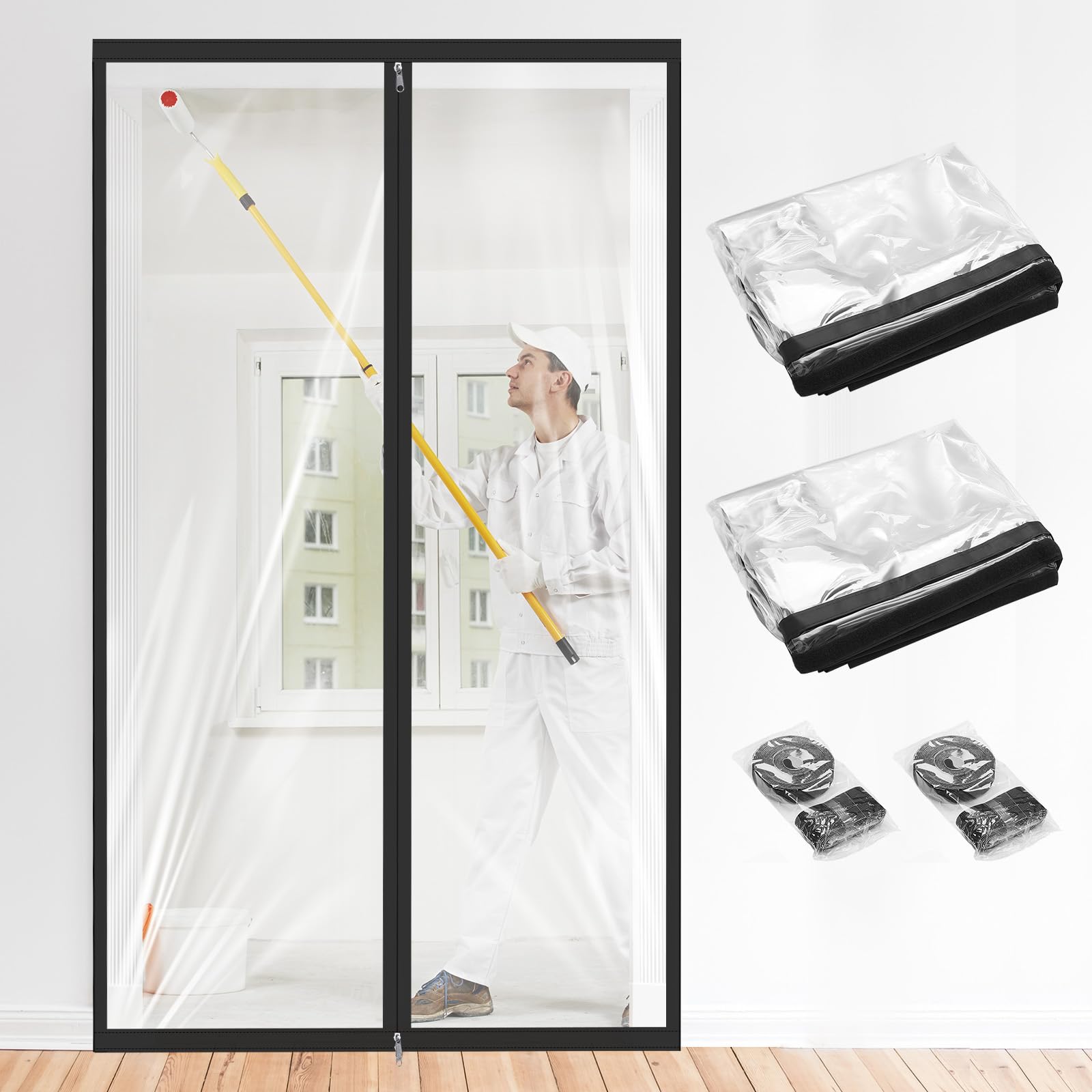 2 Pack Zipper Dust Barrier Door Kit 60 x 102 Inch with Double Sided Zipper Reusable Construction Temporary Wall Clear Plastic Standard Doorway Screen Sheeting Black Trim for Hallway Renovation