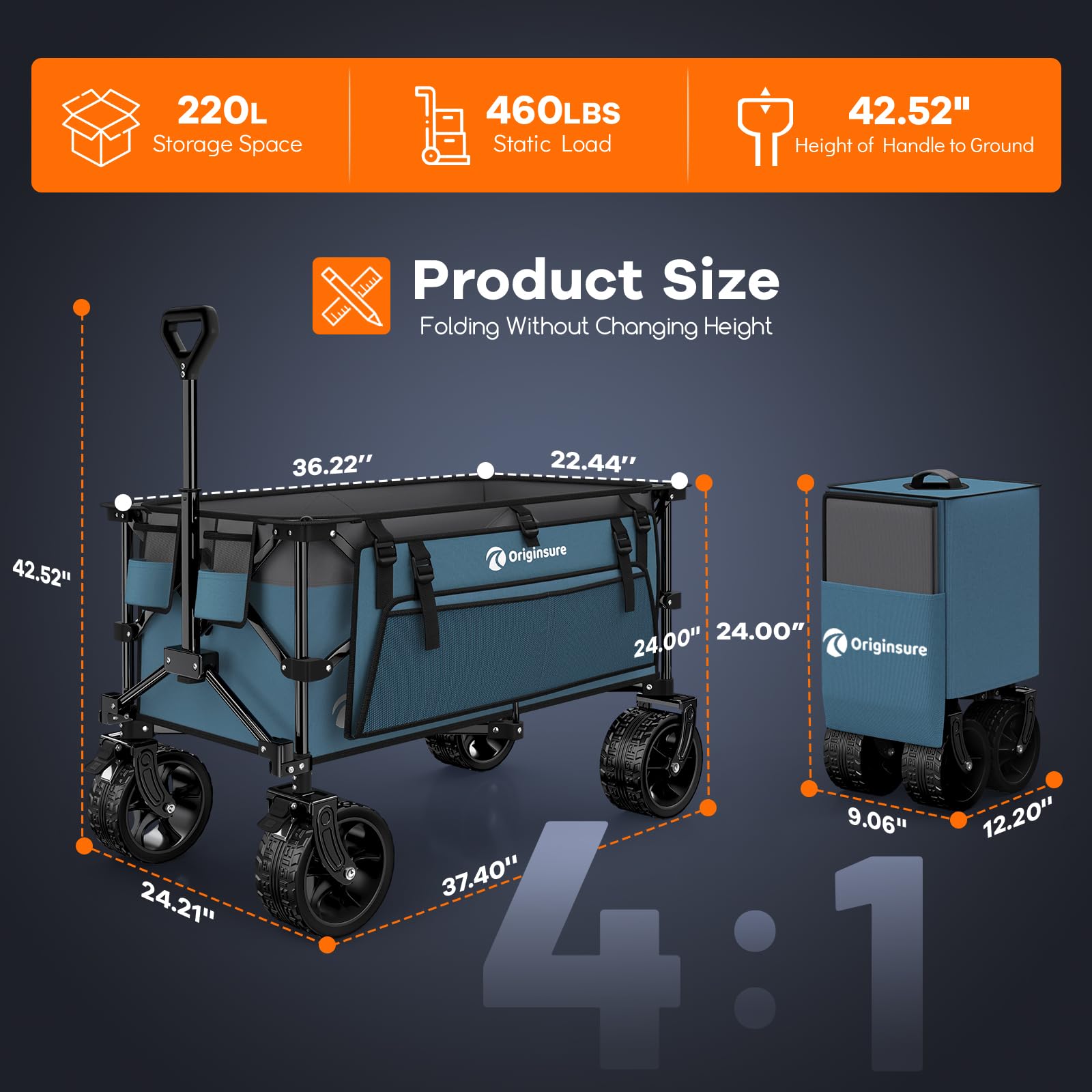 220L Foldable Beach Wagon Cart with Big Wheels