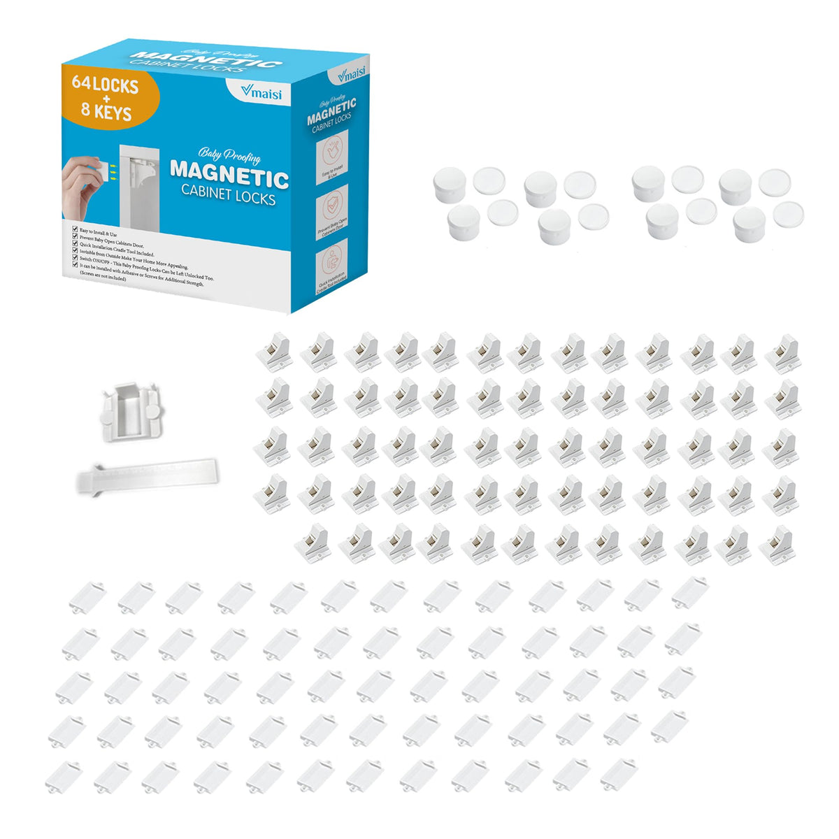 Adhesive Magnetic Locks for Cabinets & Drawers (64 Count)