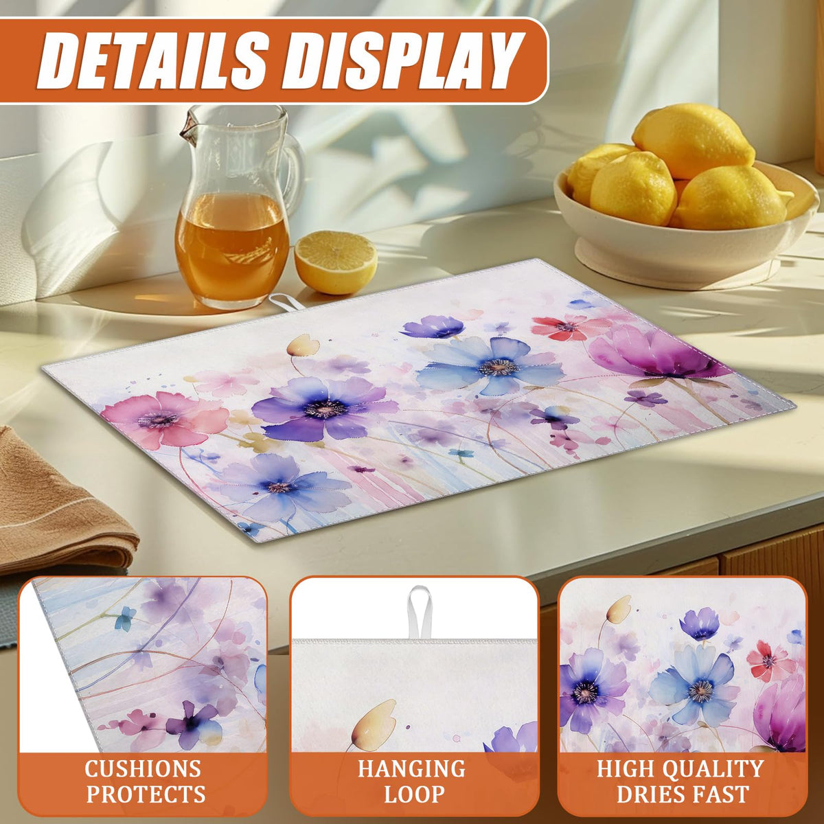 Watercolor Flowers Dish Drying Mat for Kitchen Counter Microfiber Absorbent Dish Kitchen Drying Mat Draining Reusable Washable for Dishes