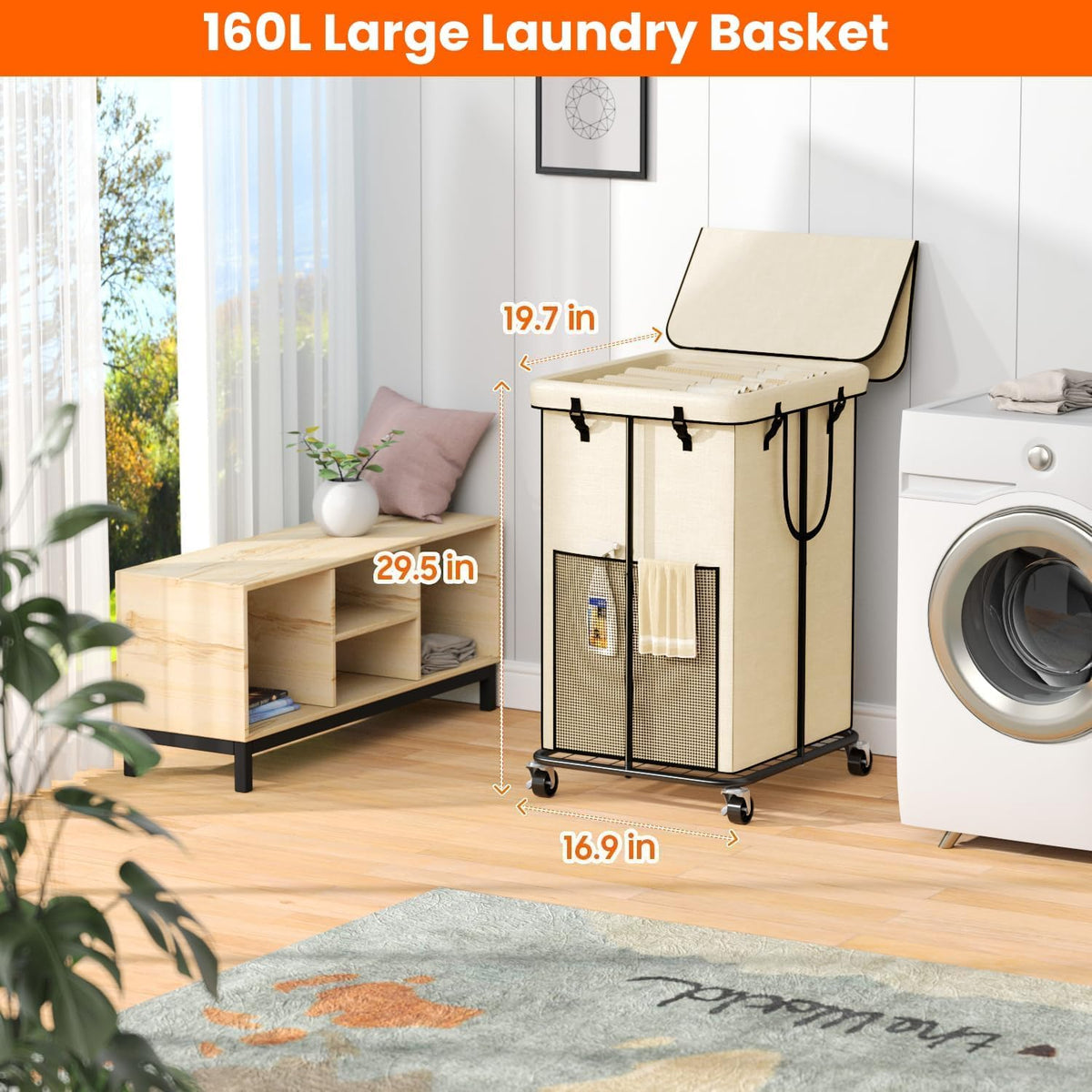160L Laundry Hamper with Lid & Wheels