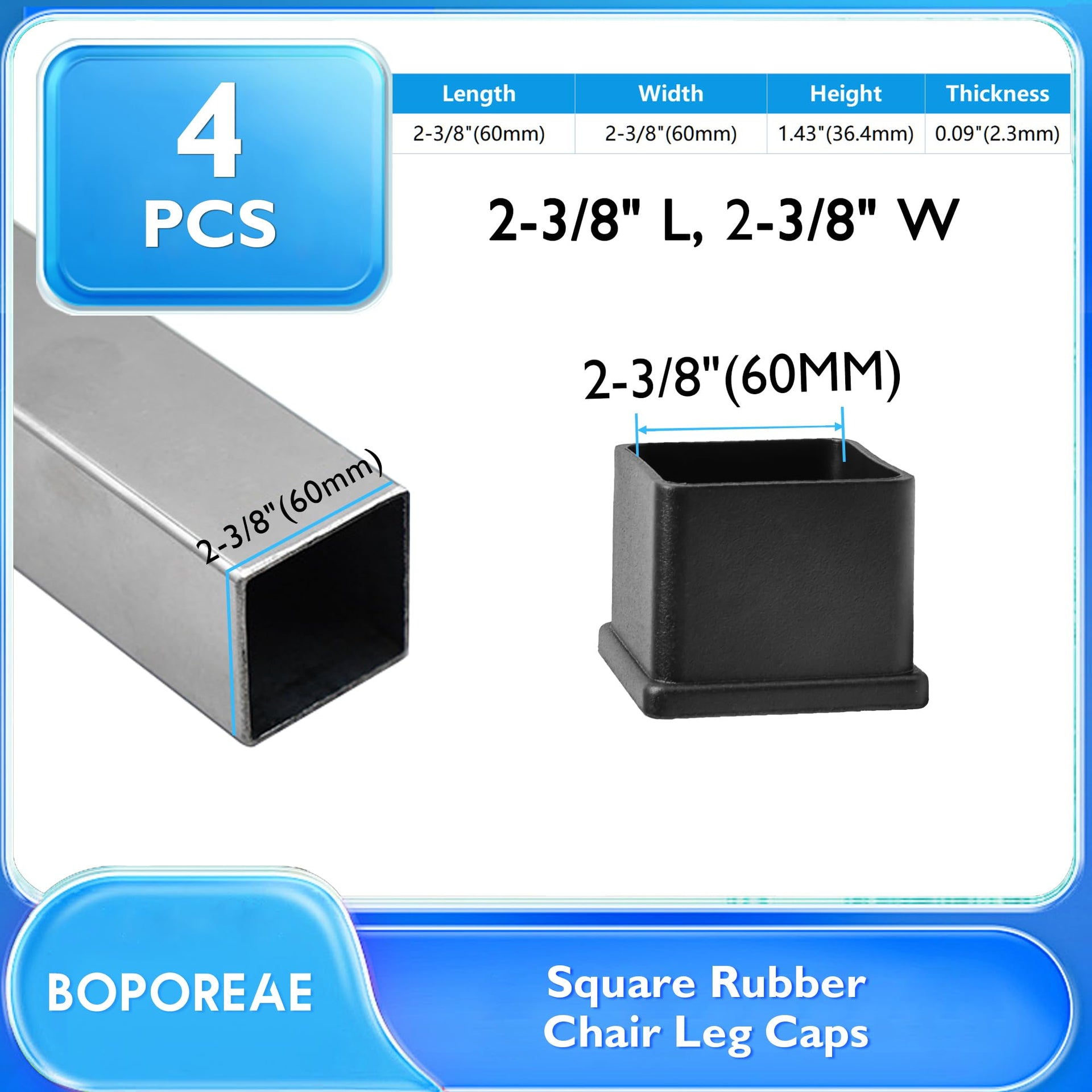 4 Pcs 2-3/8" x 2-3/8" Black Square Rubber Chair Leg Caps (4 Count)