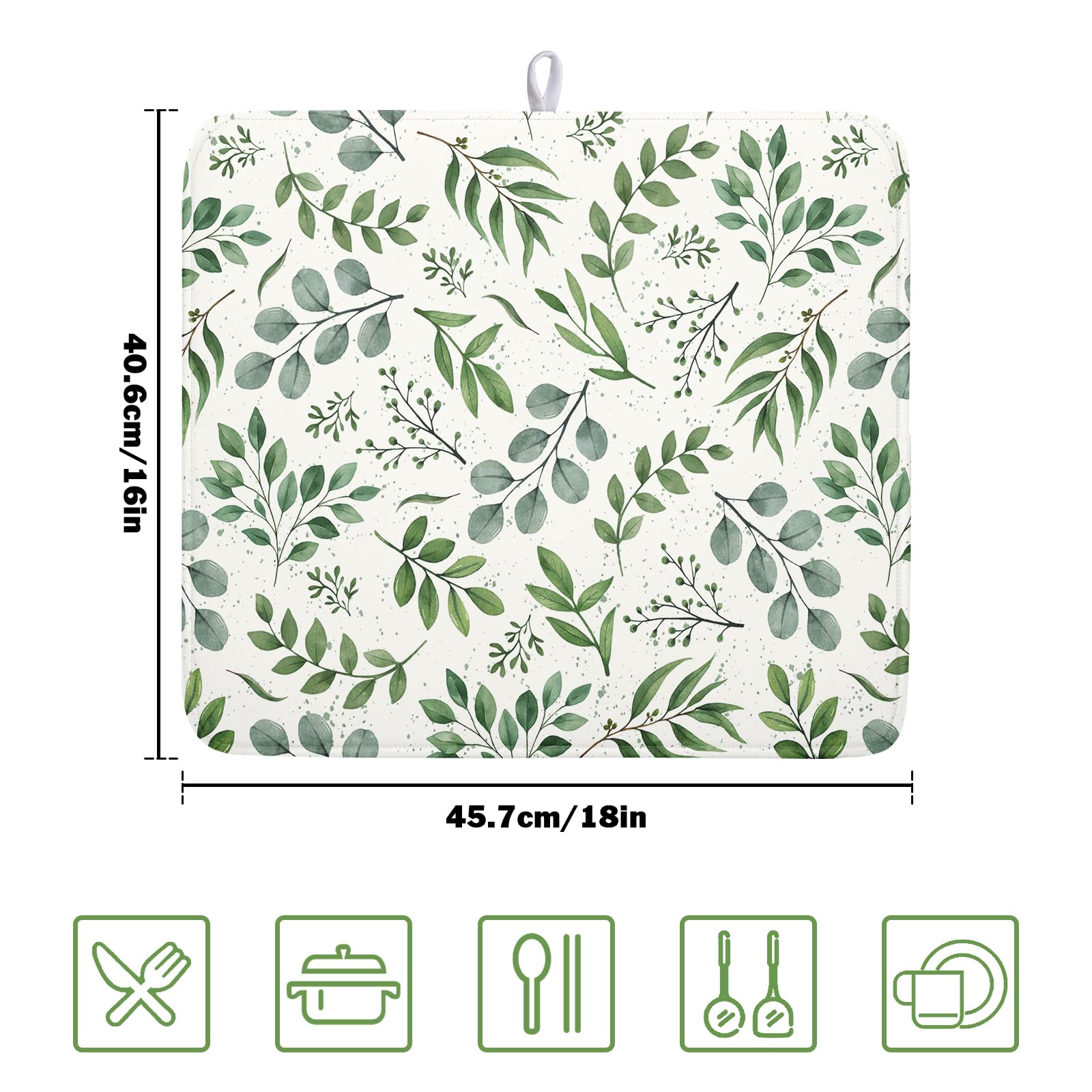 Sage Green Dish Drying Mat 16x18 In Absorbent Reversible Eucalyptus Leaves Plant Drying Mat Green Plant Dish Drying Rack Mat Spring Summer Themed Dish Drainer Mat for Kitchen Counter Coffee Bar