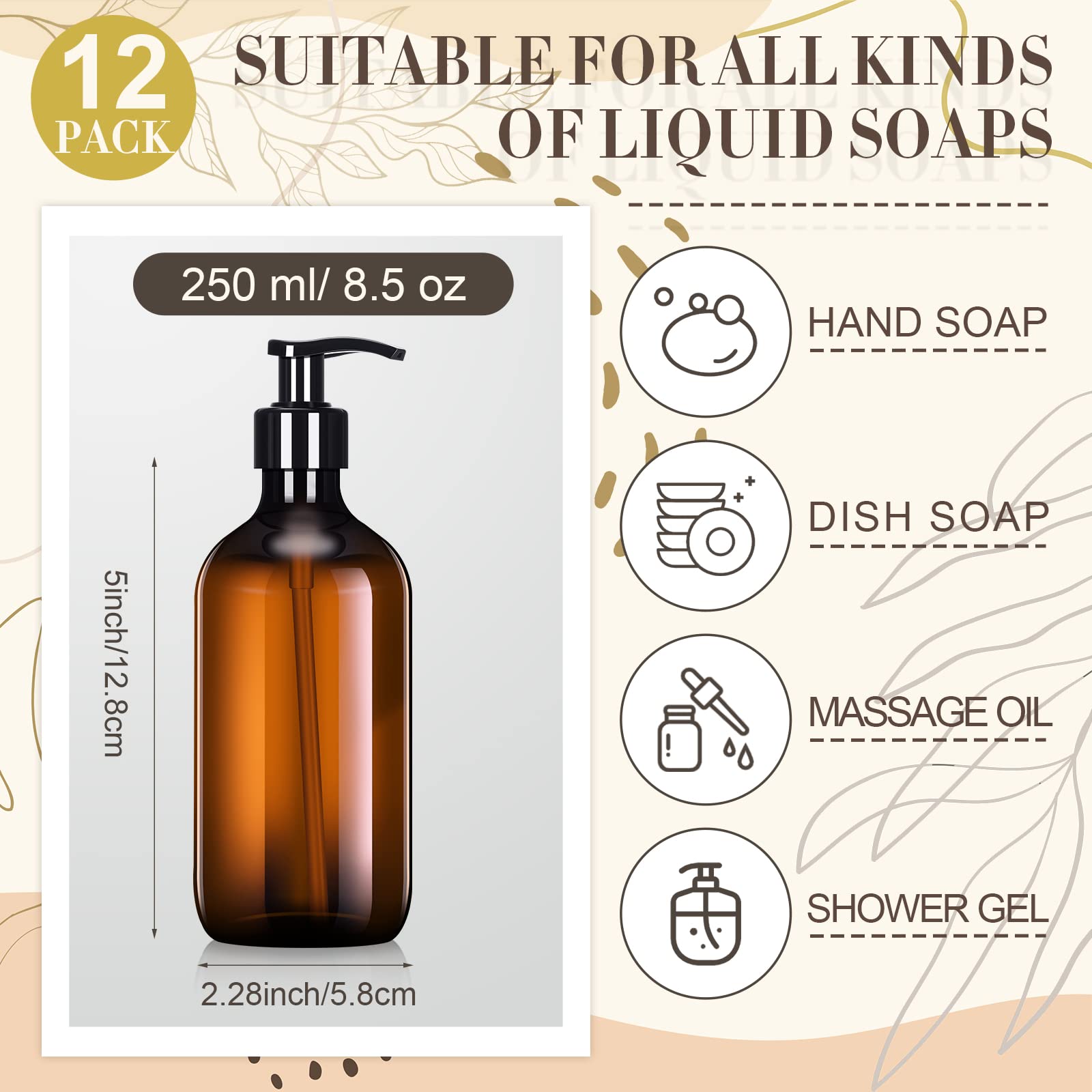 12 Pack Amber Plastic Pump Bottles Soap Dispenser (12 Count)