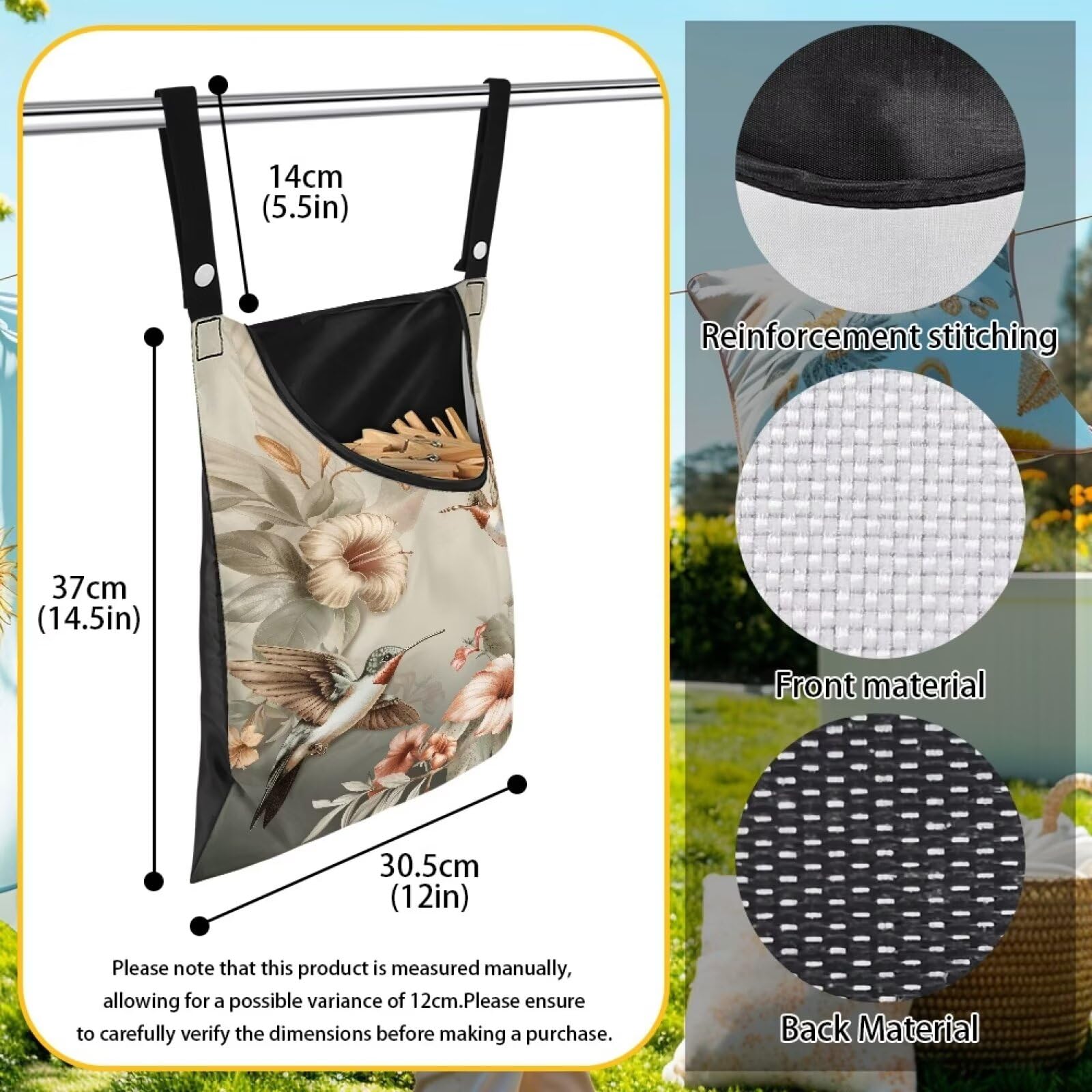 Hummingbird Clothes Pin Bag Poeny Flowers Clothes Pin Hanging Bag Fashion Clothespin Organizer Bag Portable Clothespin Storage with Large Opening Clothespin Storage for Small Items