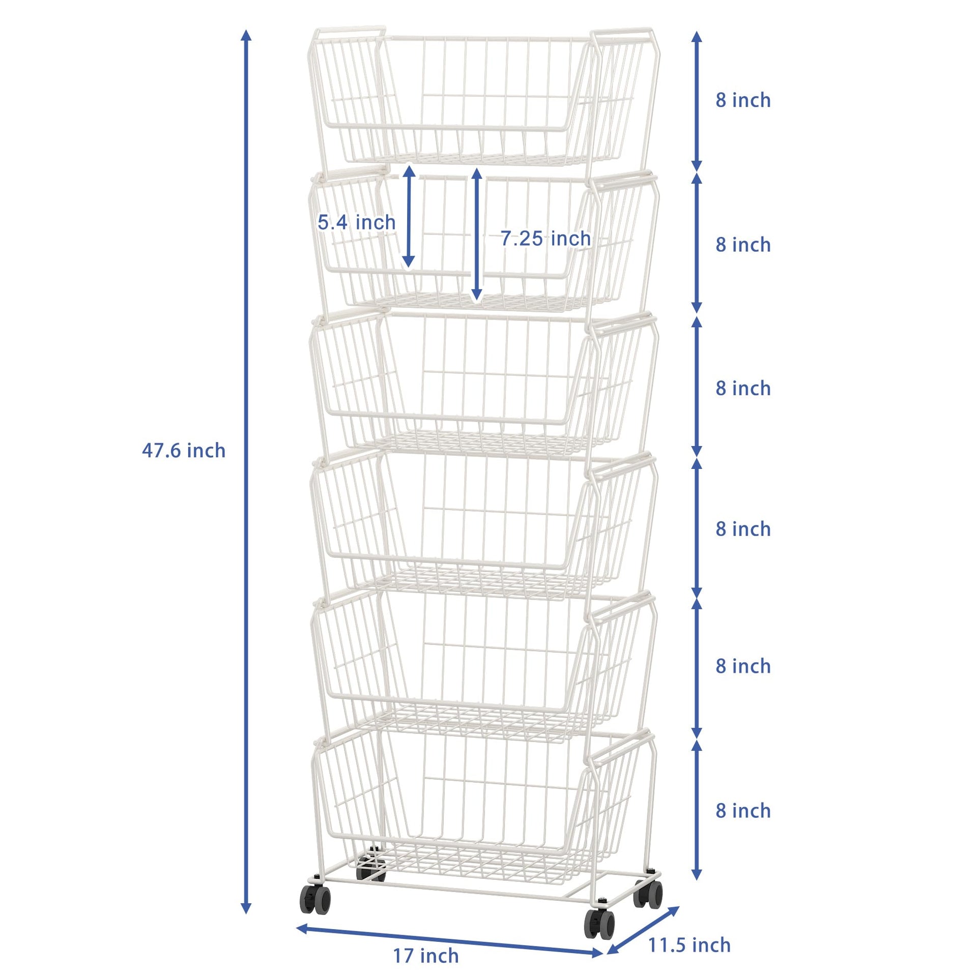 6 Tier Tall Stackable Wire Storage Baskets with Wheels (6 Count)