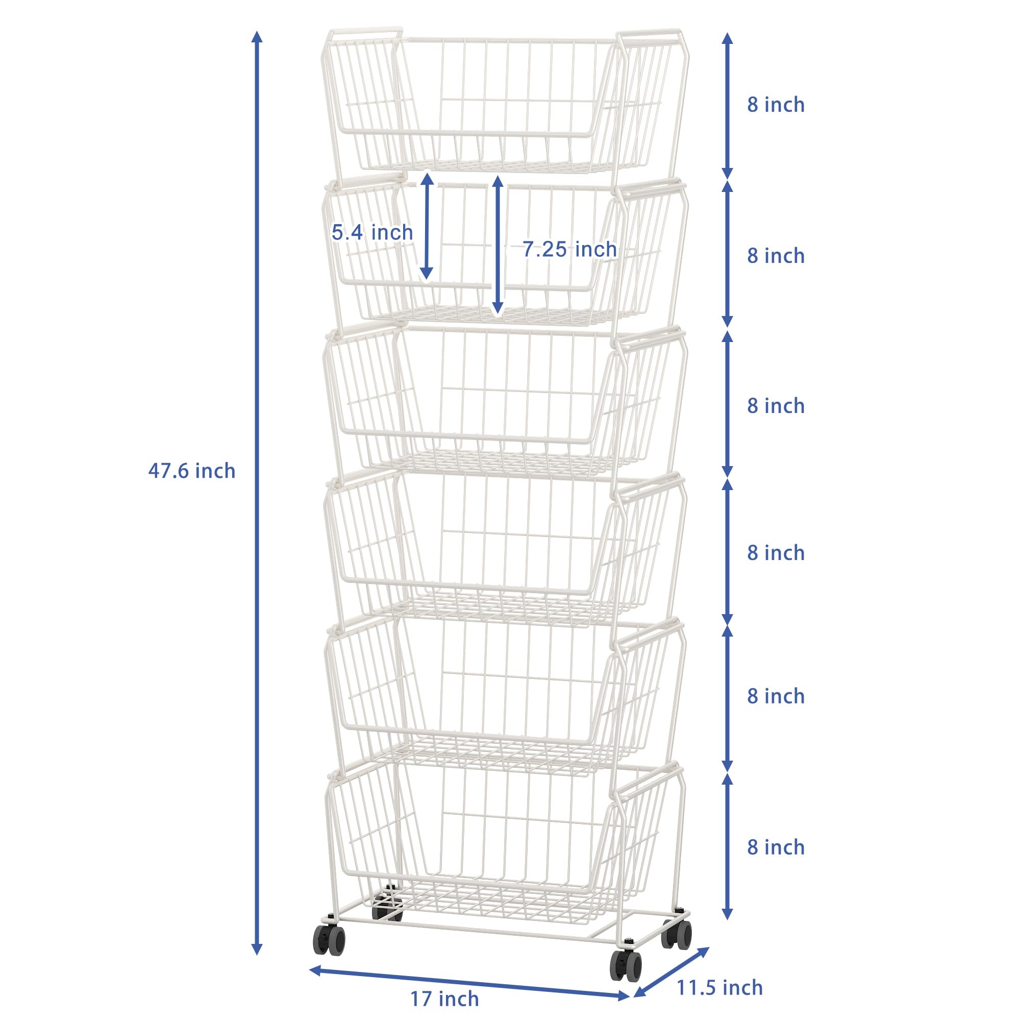 6 Tier Tall Stackable Wire Storage Baskets with Wheels (6 Count)