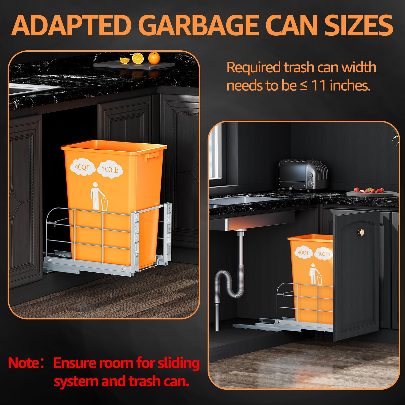 Pull Out Trash Can Under Cabinet for 40 Qt Bin