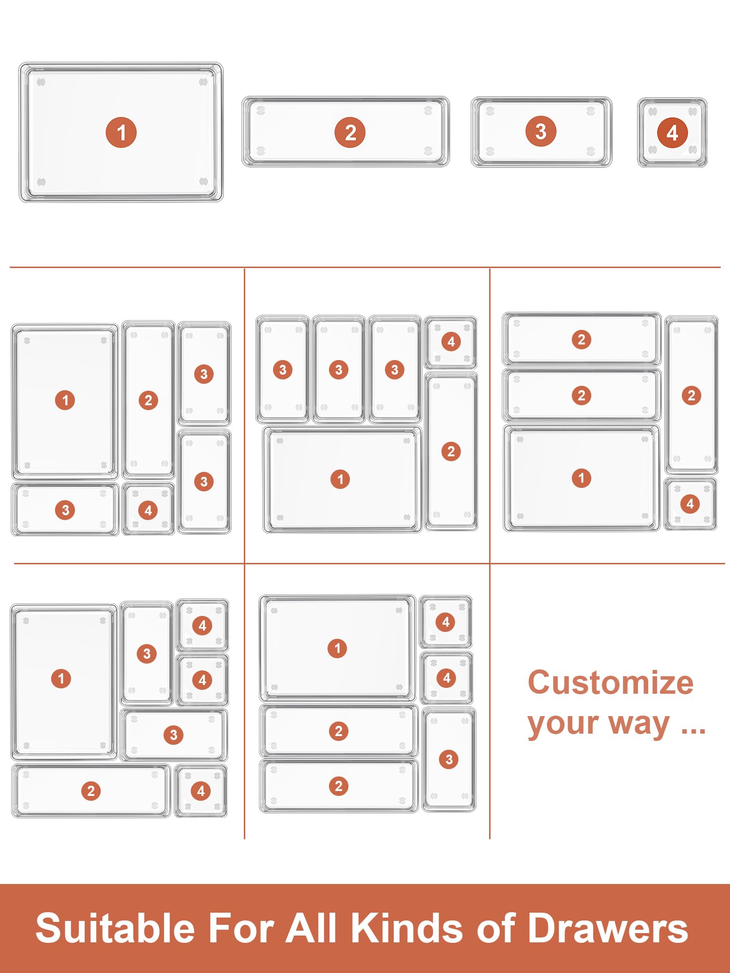 37 PCS Drawer Organizer 4 Size Desk Makeup Drawer Organizer Clear (37 Count)