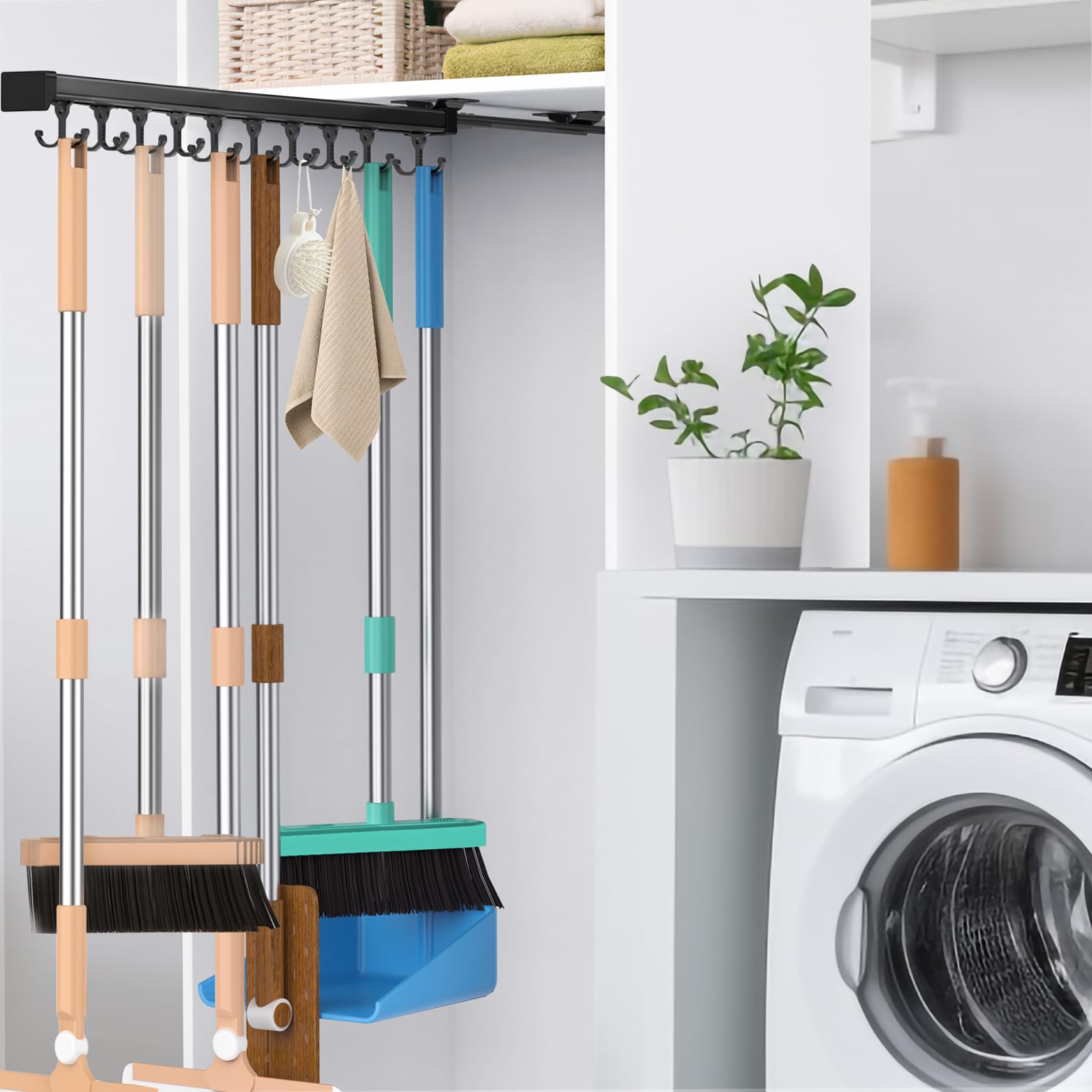 Pull Out Broom Holder With Adjustable Double Row Sliding Hook