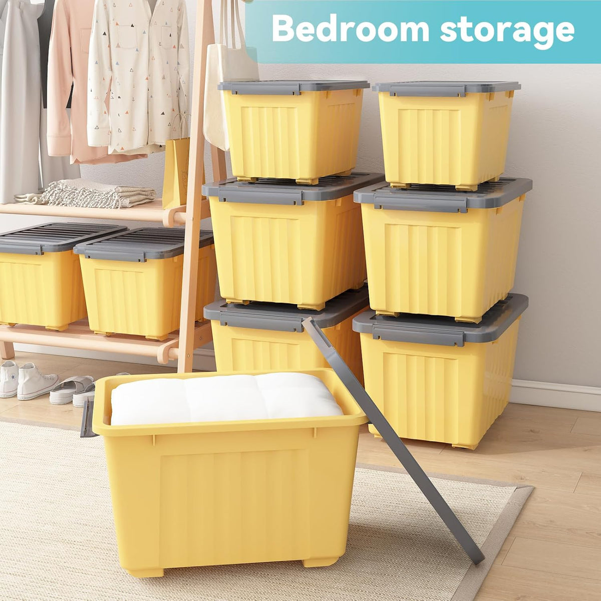 Nazhura Plastic Storage Bin, Stackable and Nestable Storage Boxes with White Lids and Secure Latching Buckles, Large Storage Container (Yellow/Purple, 72Quart-6Pack)