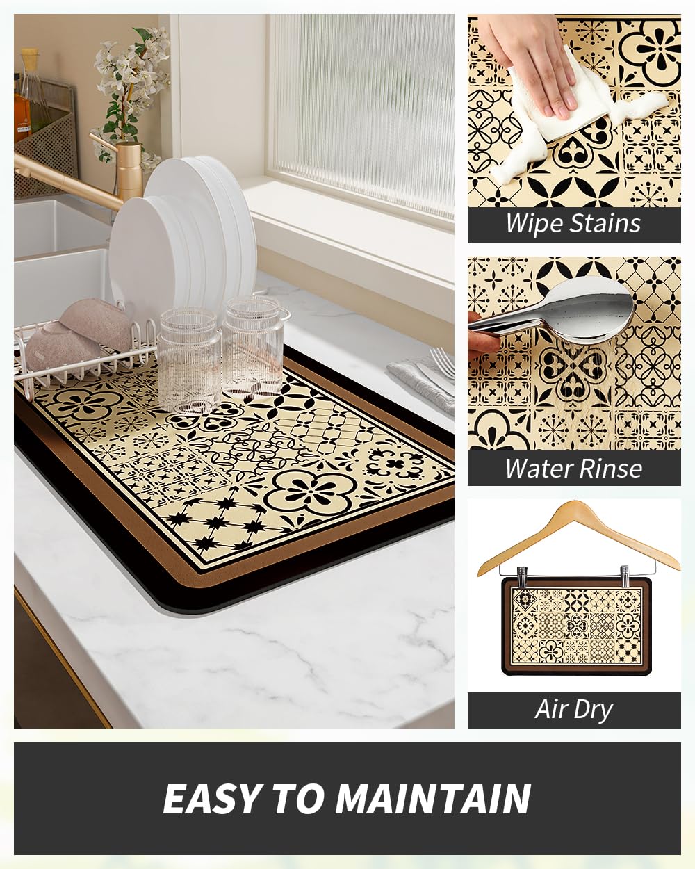 Coffee Mat Hide Stain Rubber Backed Absorbent Dish Drying Mat for Kitchen Counter