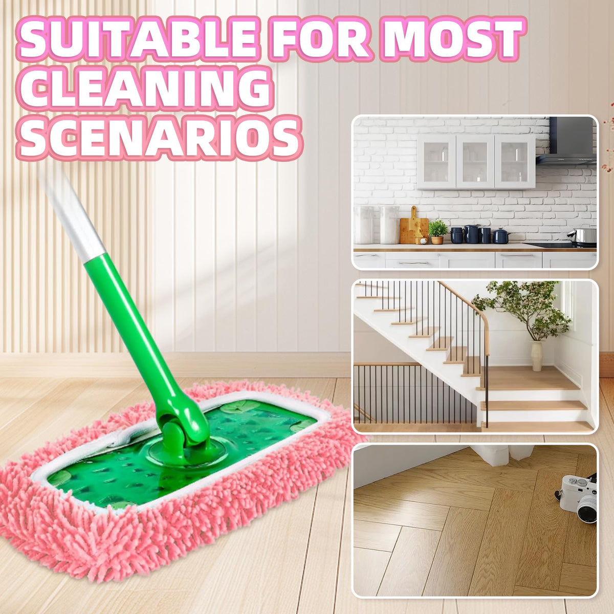 4 Pack Pink Reusable Chenille Mop Pads Fit for Swiffer Sweeper (4 Count)
