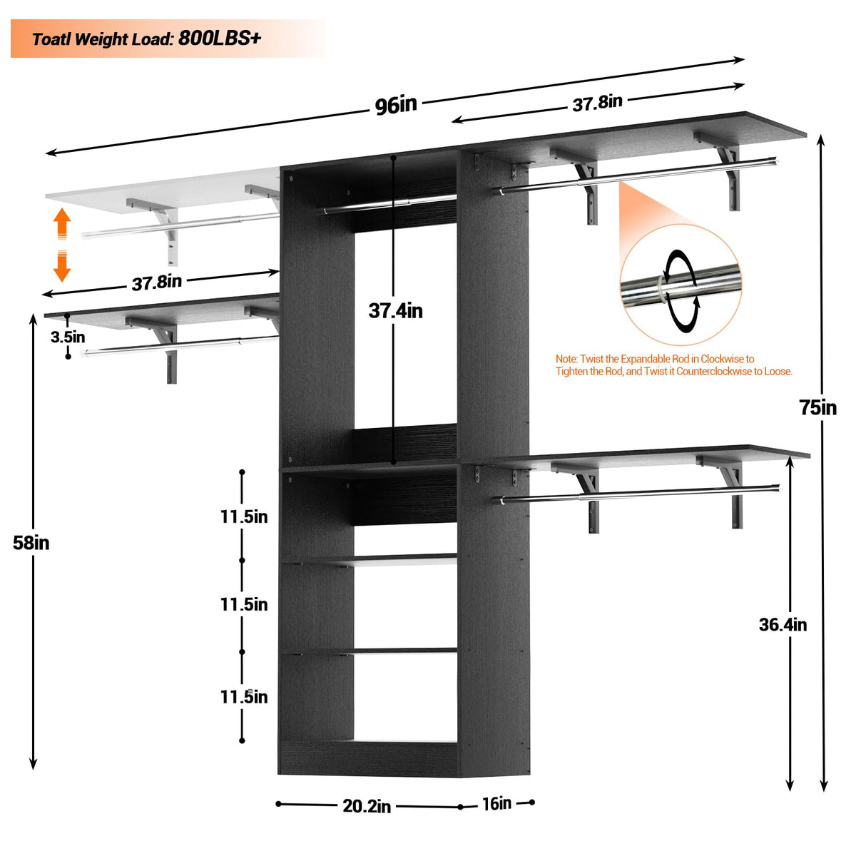 8FT Closet System with 3 Wooden Storage Shelves