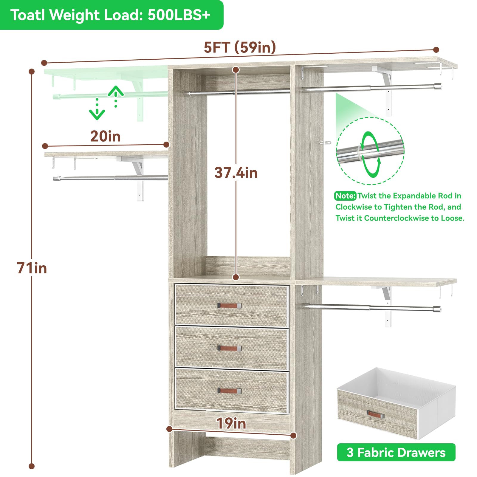 5FT Small Closet System with 3 Fabric Drawers