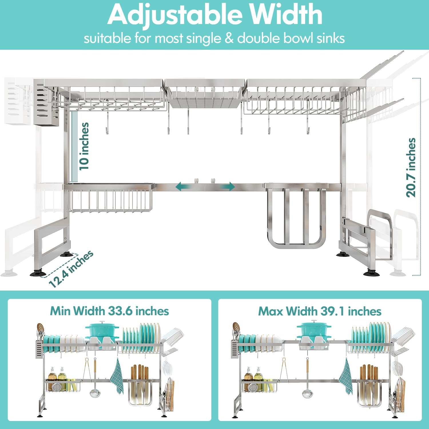 2 Tier Extra Large Stainless Steel Over The Sink Dish Drying Rack