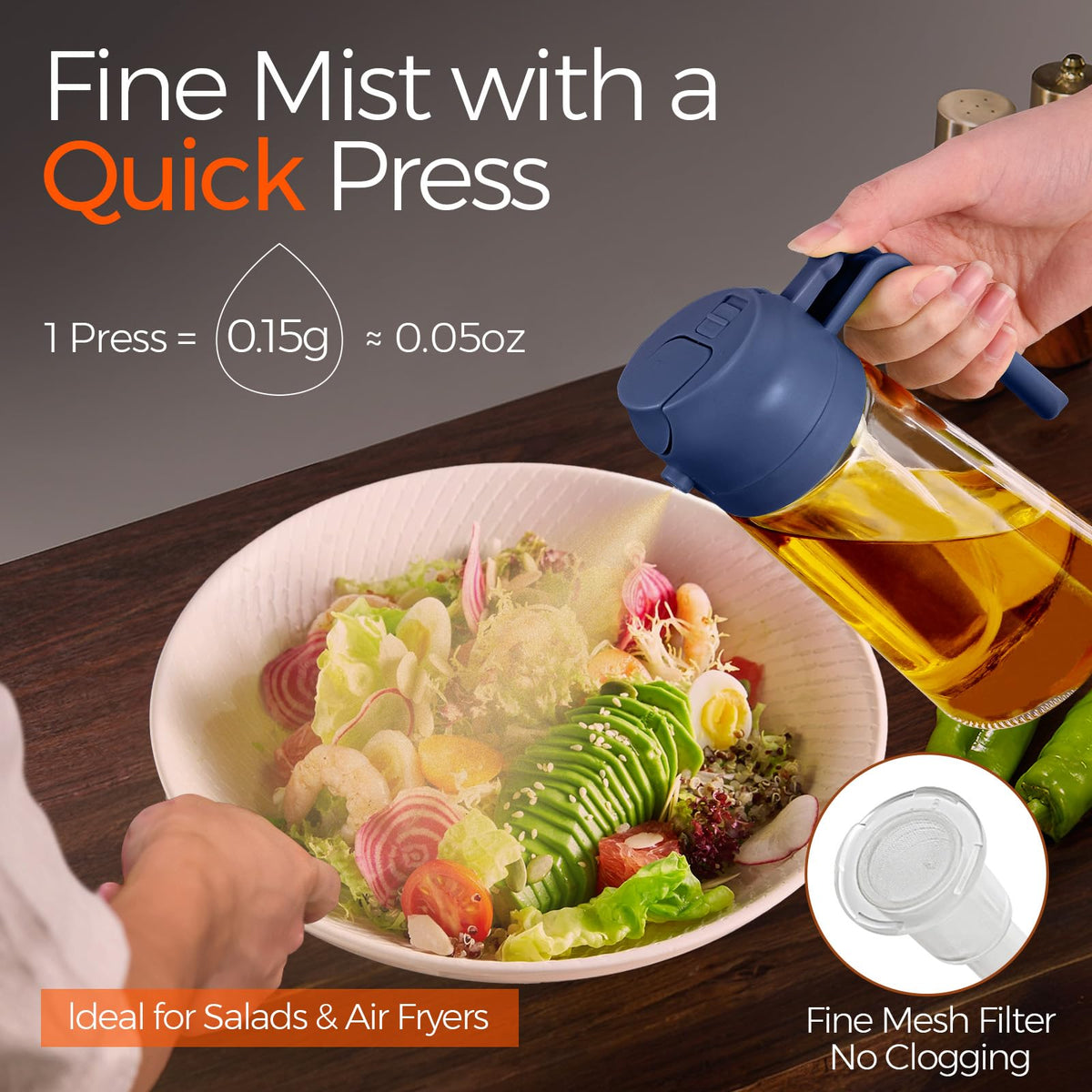16 oz 2-in-1 Glass Olive Oil Sprayer for Cooking, Navy