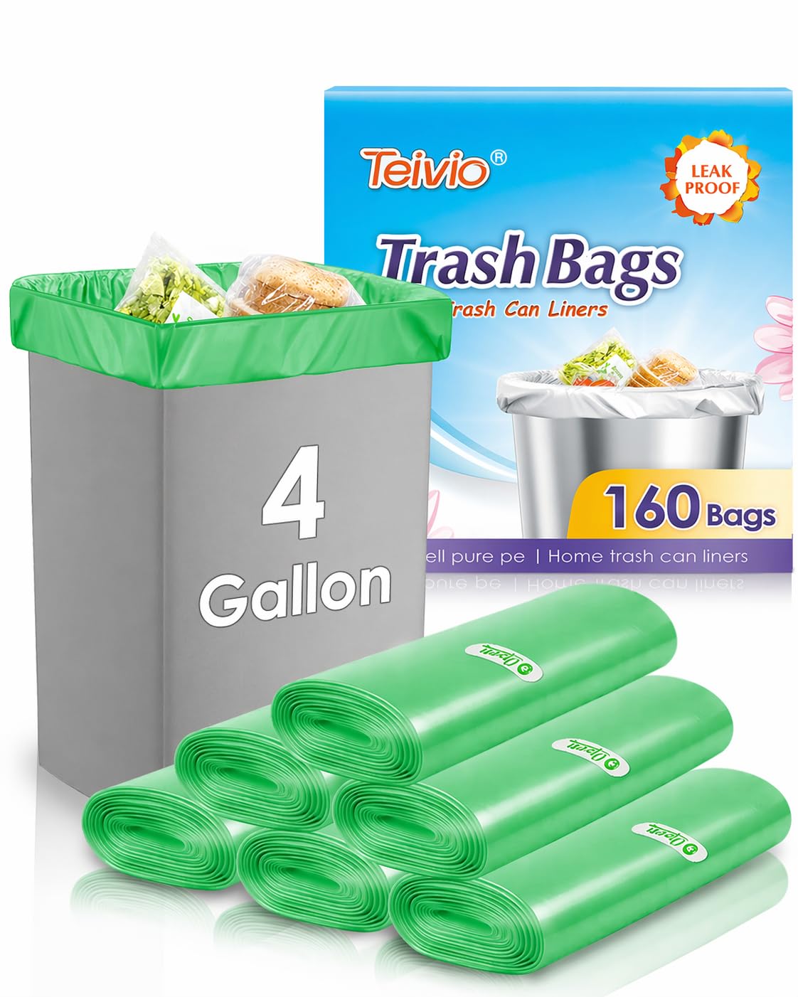 Small Green Trash Bags 4 Gallon 160 Count Kitchen Garbage Bags