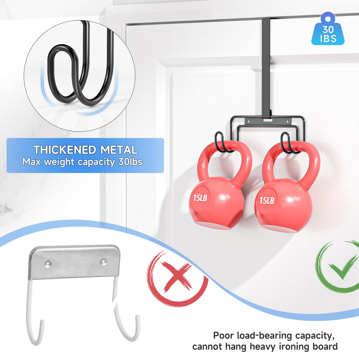 Over The Door & Wall Mount Ironing Board Hanger with Removable Hook