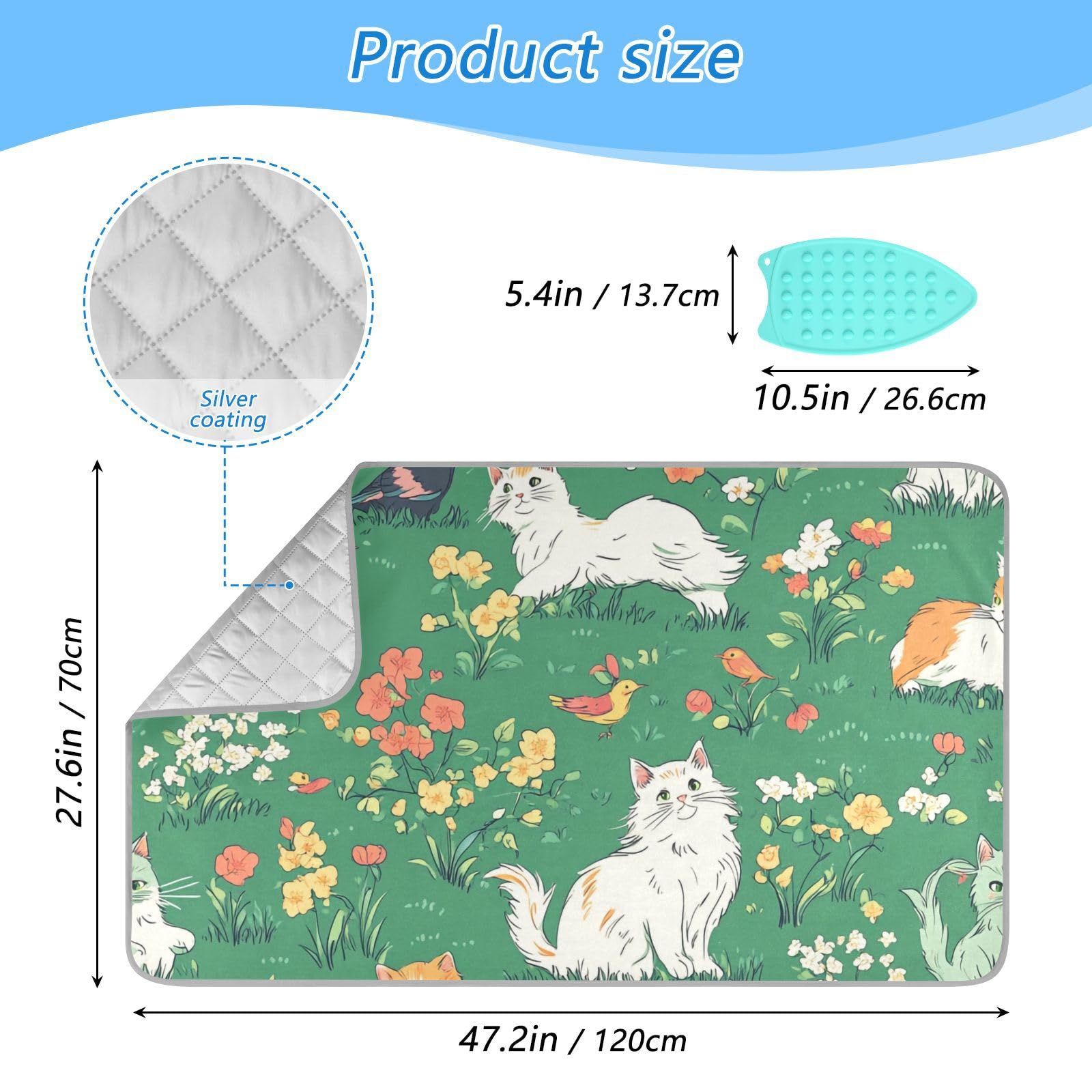 Green Spring Persian Cat and Hummingbird Ironing Mat Portable Ironing Pad Blanket with Silicone Iron Rest for Table Top Travel Heat Resistant Double