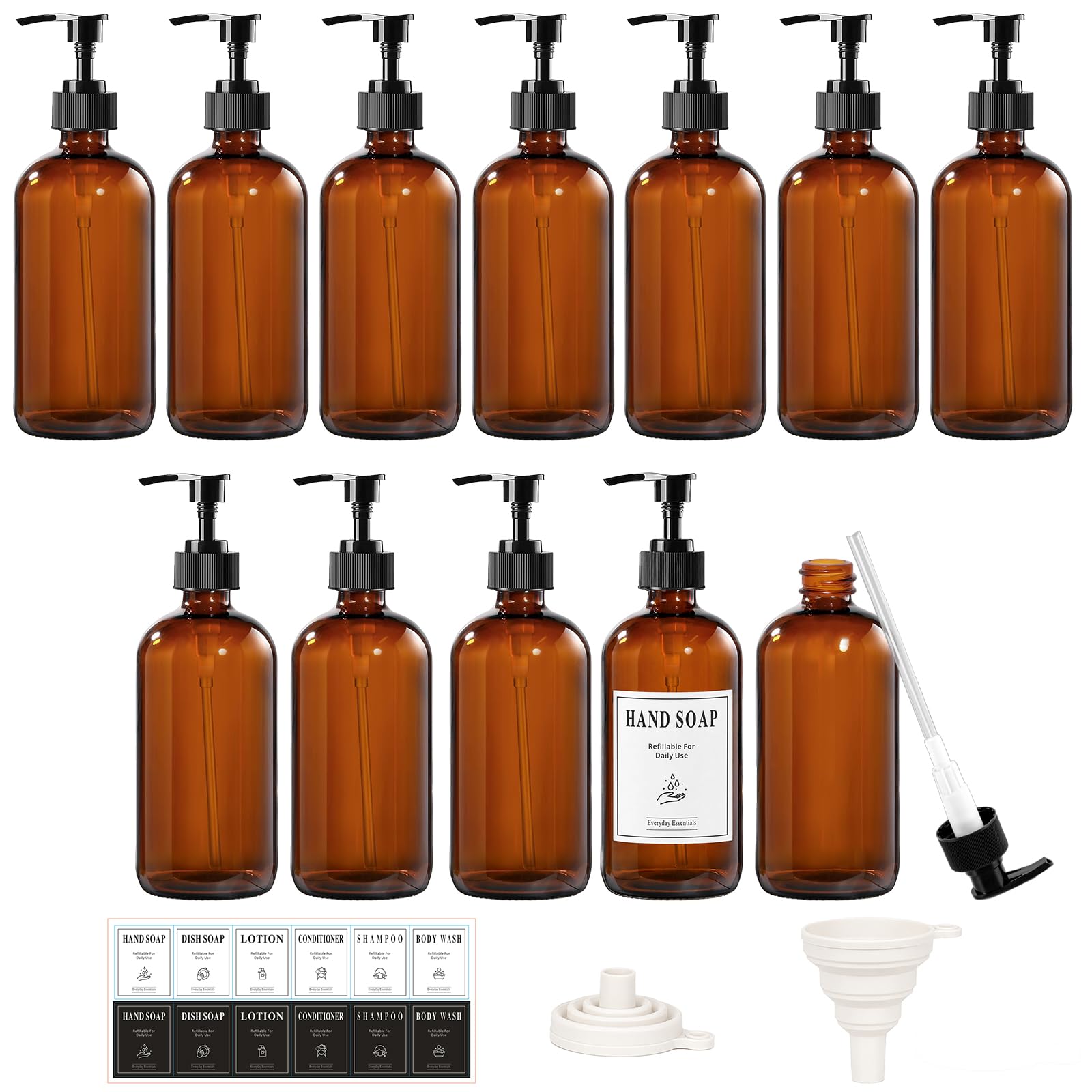 12 Pack 8oz Amber Glass Bottles with Pump Dispensers (12 Count)