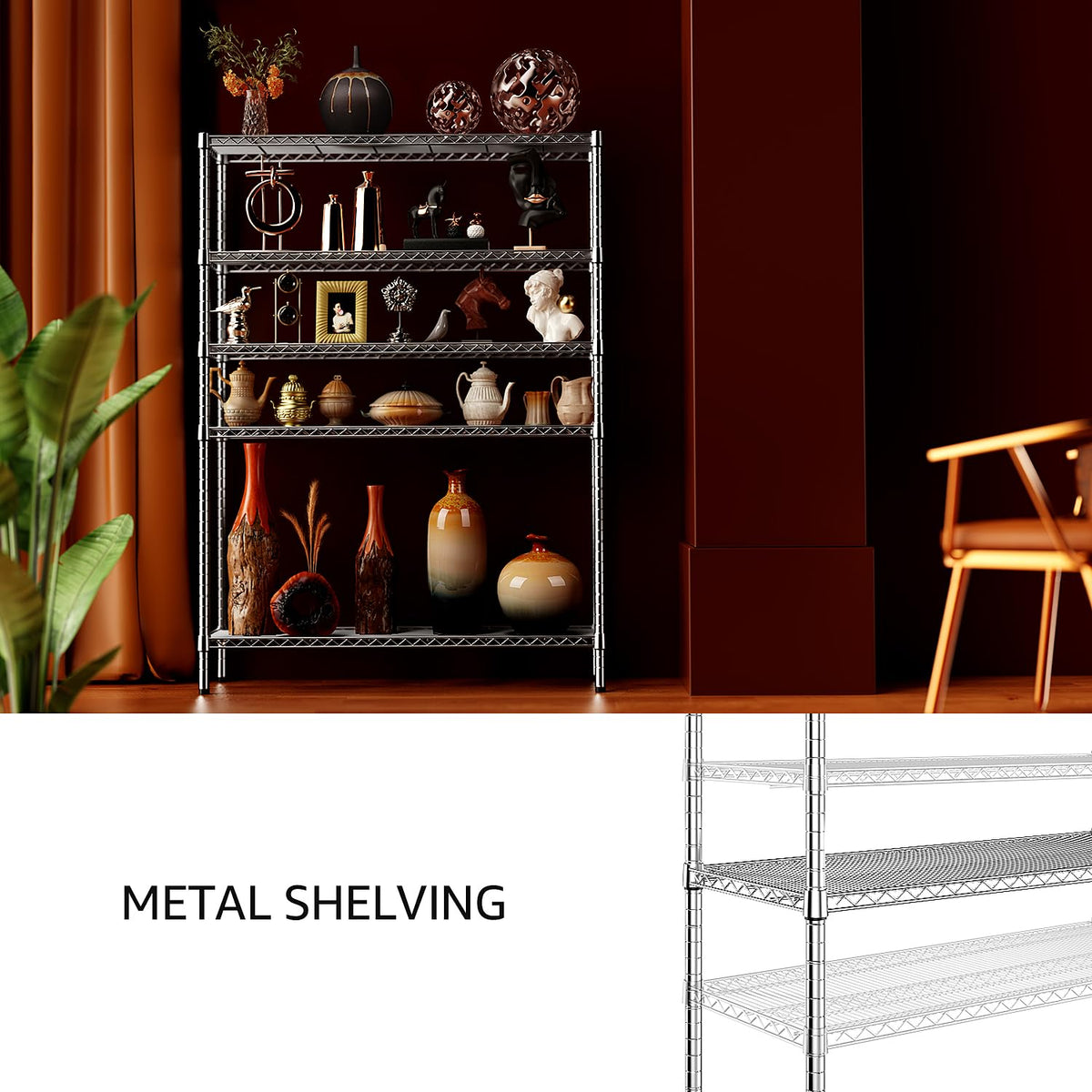 4250 LBS Garage Shelving Wide Storage Shelves 5 Tier Metal Shelves Heavy Duty Adjustable Utility Shelf Rack Chrome 17.7" D x 47.2" W x 70.4" H (5 Count)