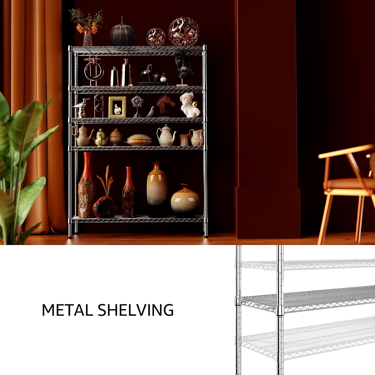 4250 LBS Garage Shelving Wide Storage Shelves 5 Tier Metal Shelves Heavy Duty Adjustable Utility Shelf Rack Chrome 17.7" D x 47.2" W x 70.4" H (5 Count)