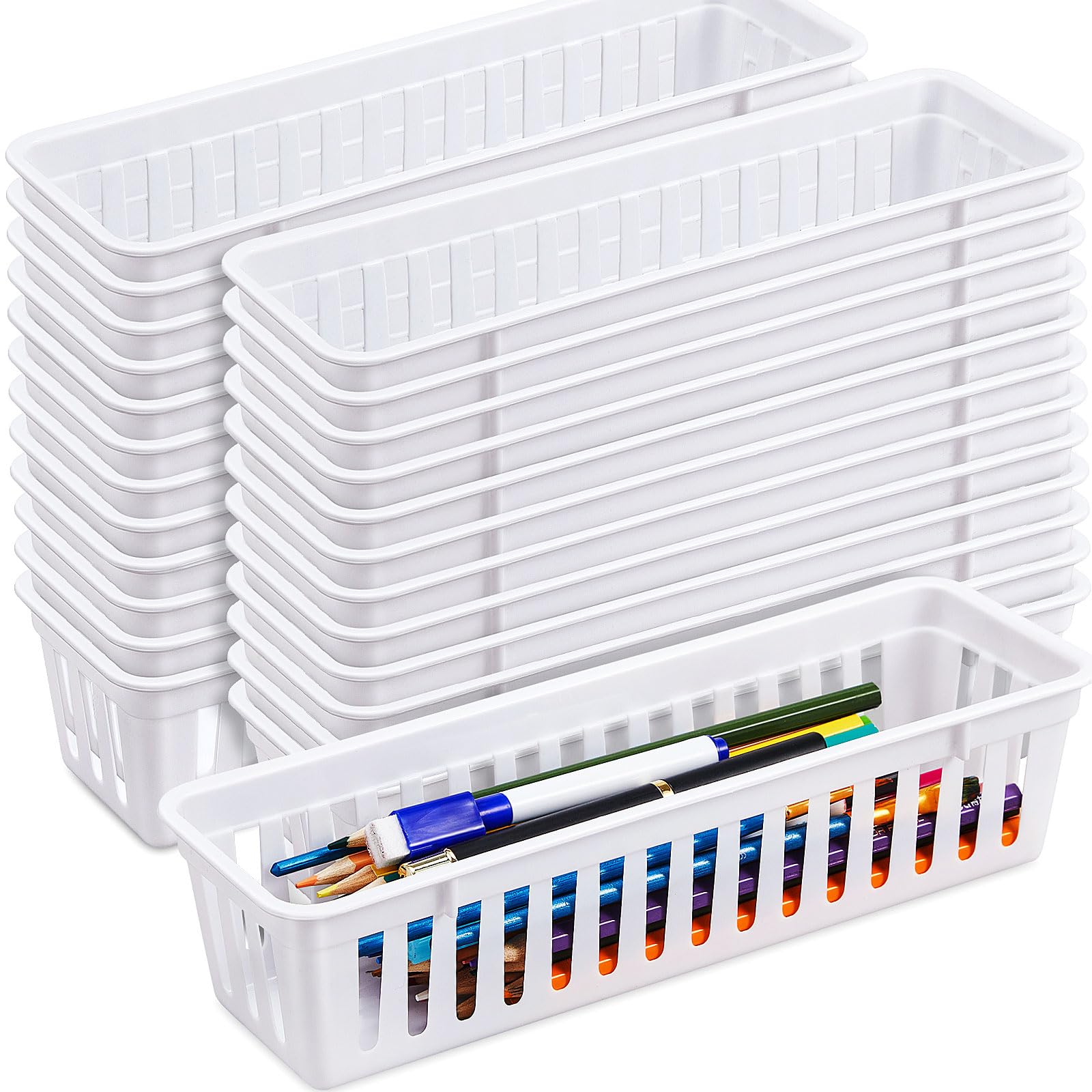 24 Pack Slim Plastic Storage Baskets Tray for Organizing 10.25x3.25x2.5 Inch Small Narrow Storage Bins Stackable Drawer Pencil Trays Holder for Desk Garage Cabinet Container (24 Count)