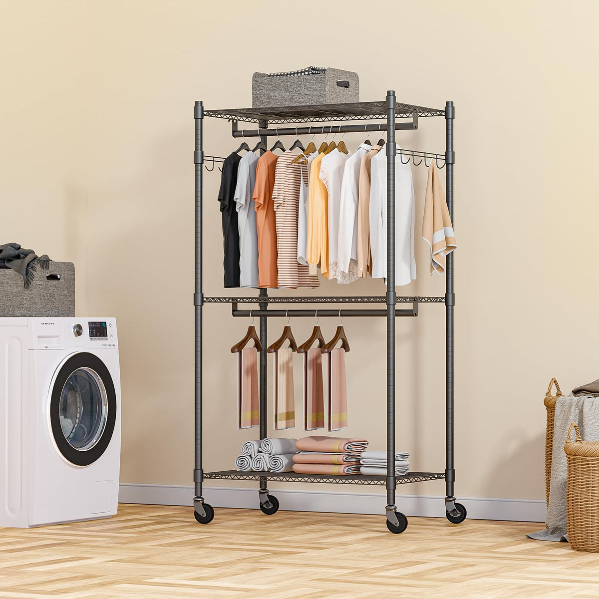 Narrow Rolling Garment Rack with Double Rods and 3 Adjustable Shelves