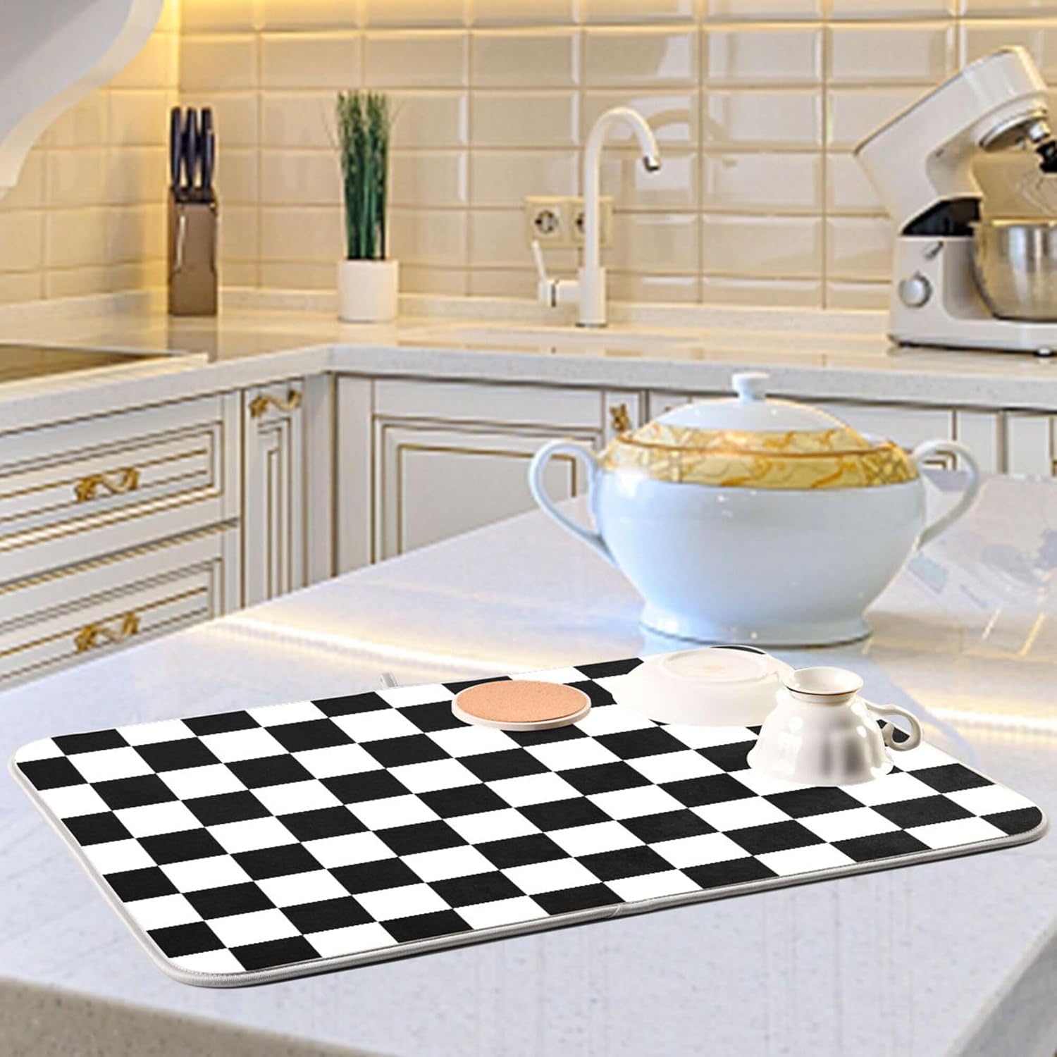 Black White Chessboard Dish Drying Mat for Kitchen Countertop 18x24 Plaid Checkered Rectangle Large Drying Mat Reusable Quick Dry Dish Sink Absorbent Mats Easy Clean Decorative Home Essentials