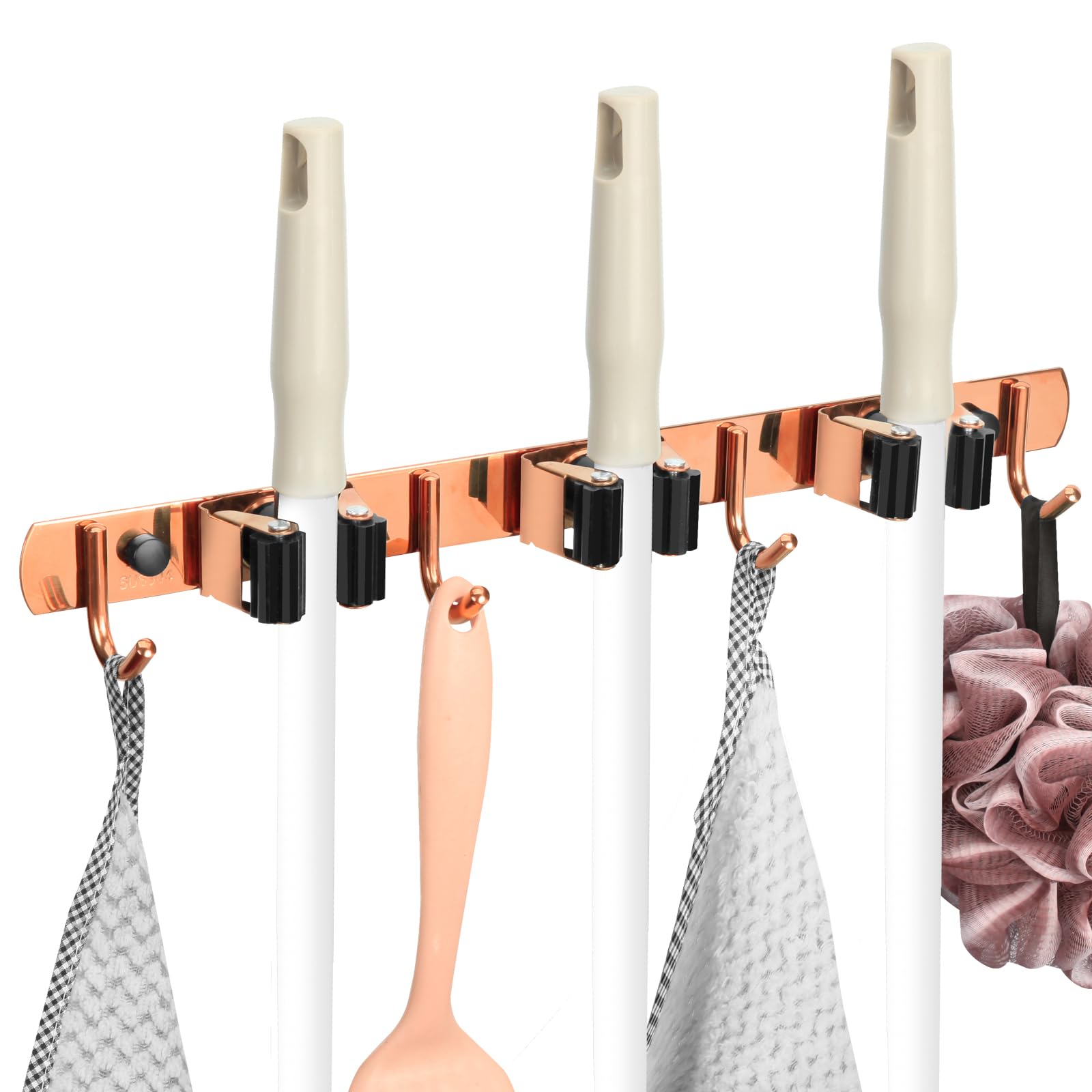 3 Racks and 4 Heavy Duty Hooks Mop and Broom Holder Wall Mount