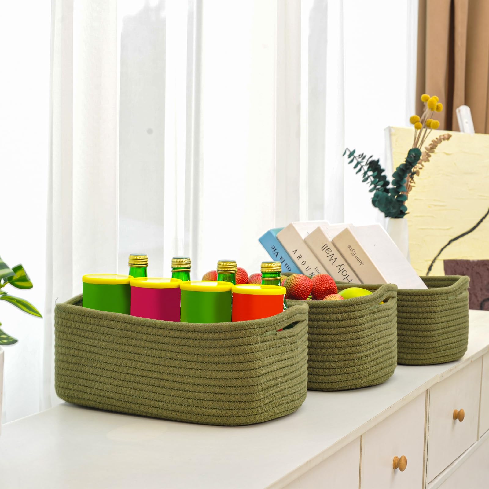 Small Green Storage Baskets for Organizing Shelves (3 Count)