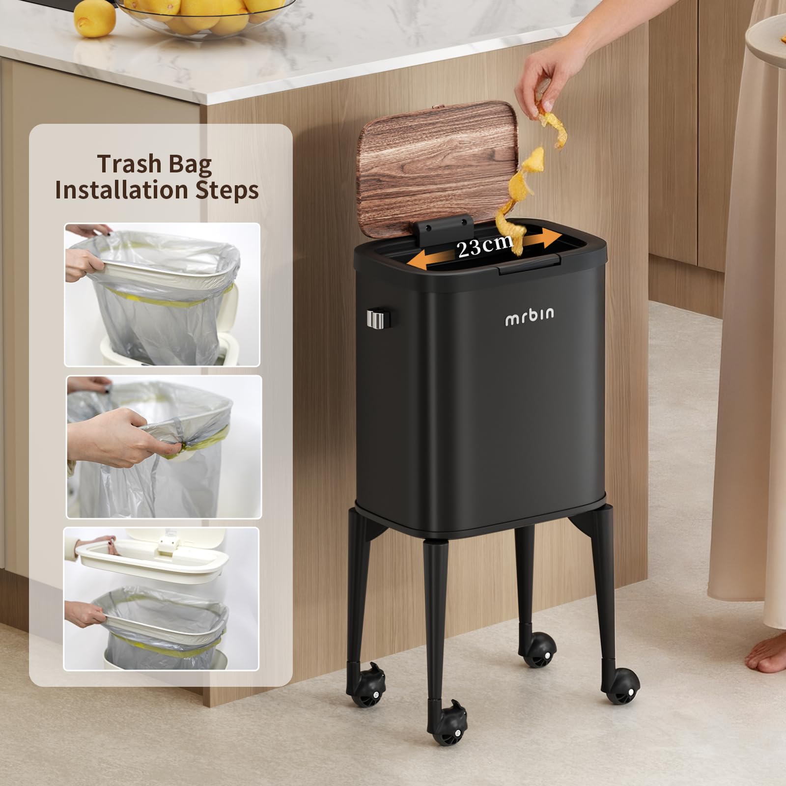 Metal Kitchen Trash Can with Wheel Legs