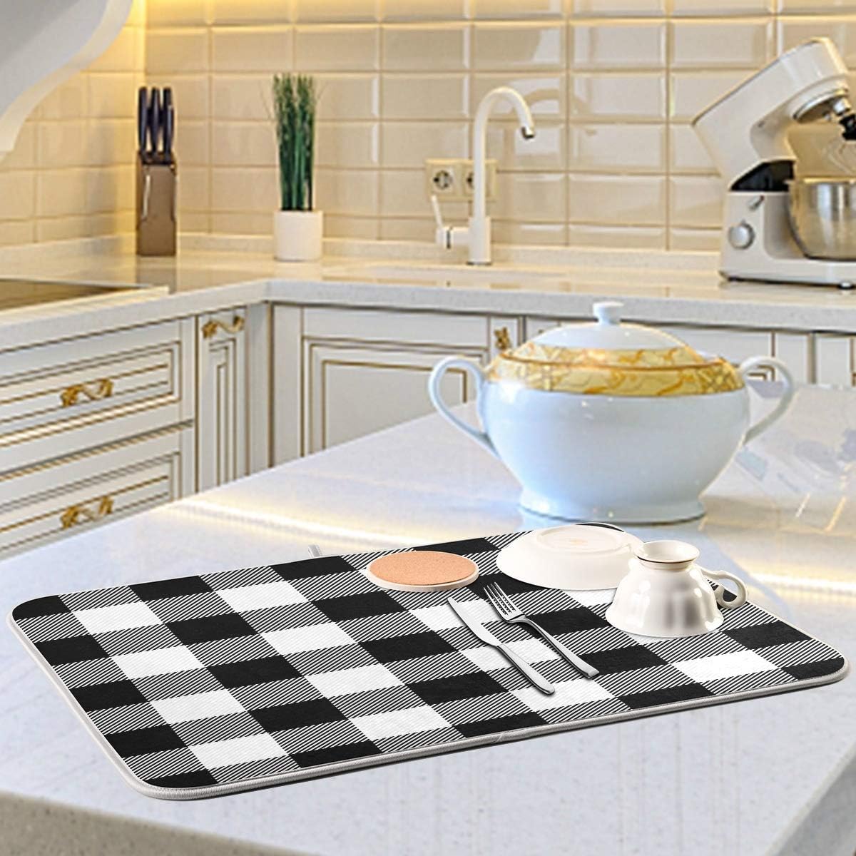White and Black Buffalo Plaid Dish Drying Mat 16x18 for Kitchen Classic Buffalo Check Dishes Pad Dish Drainer Rack Mats Absorbent Fast Dry Kitchen Accessories