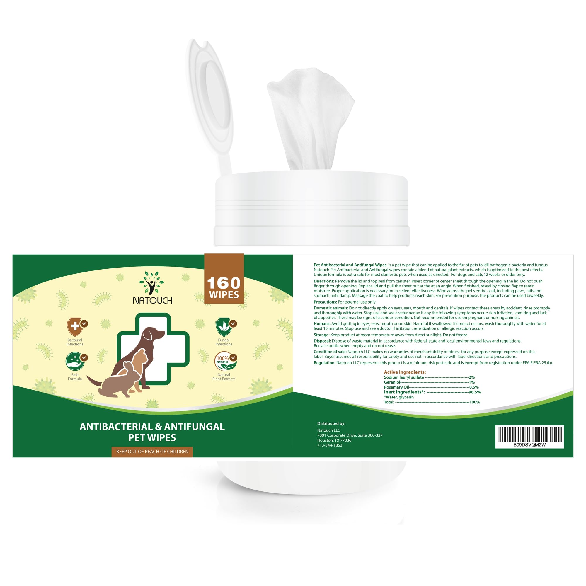 Antifungal and Antibacterial All Natural Wipes for Dogs & Cats (160 Count)