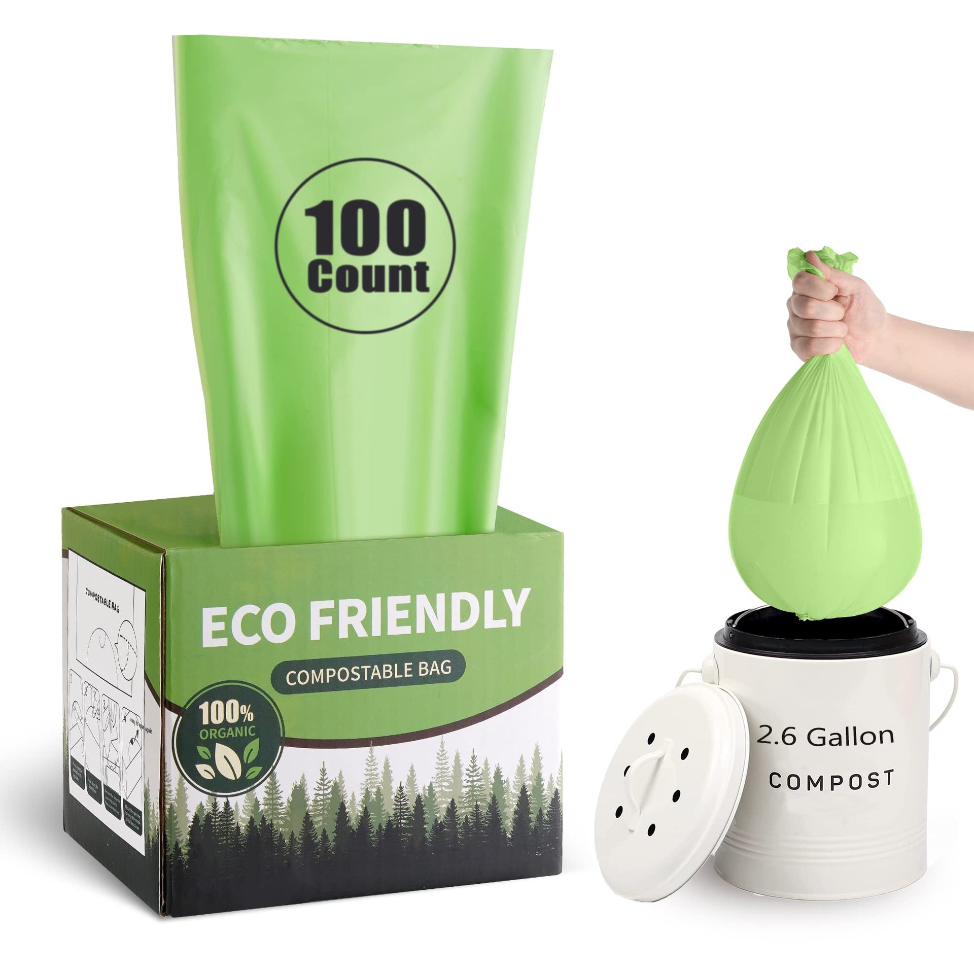 Compostable Trash Bags 2.6 Gallon 100 Counts Compost Small Garbage Bag for Kitchen Bathroom BPI Certified