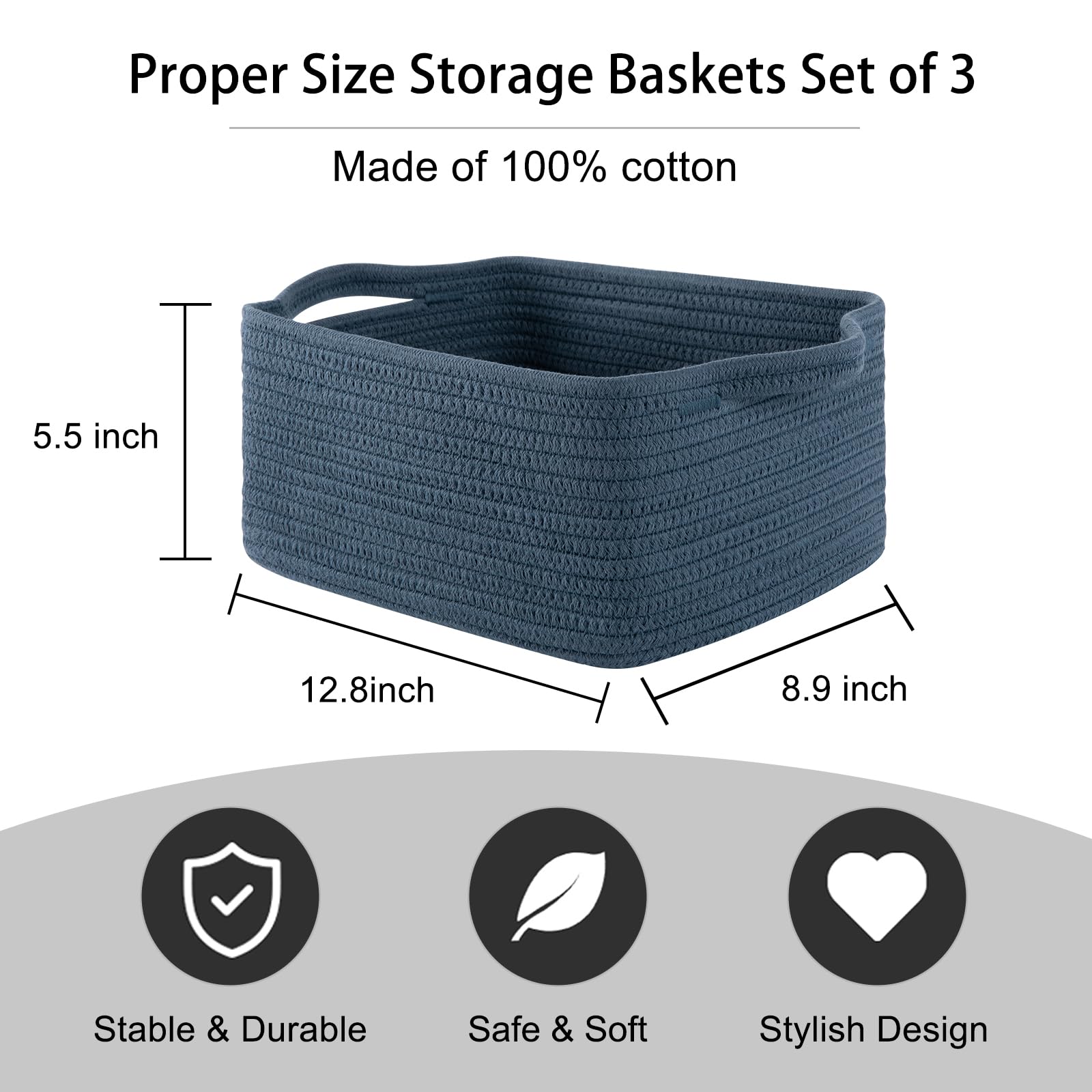 3 Pack Storage Baskets for Shelves Cotton Rope Storage Bins Blue (3 Count)
