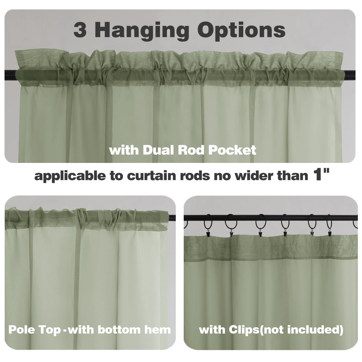 Sage Green Sheer Curtains 96 Inches Long 2 Panels (2 Count)