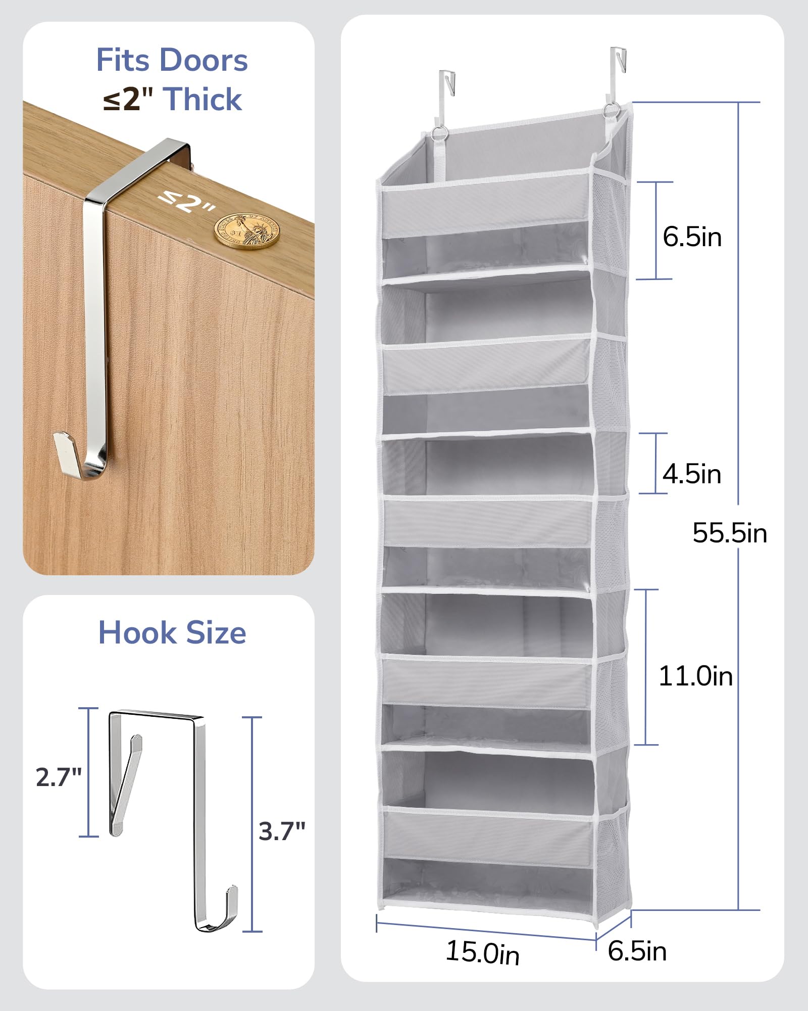 1 Pack Over Door Organizer with 5 Large Pockets 10 Mesh Side Pockets