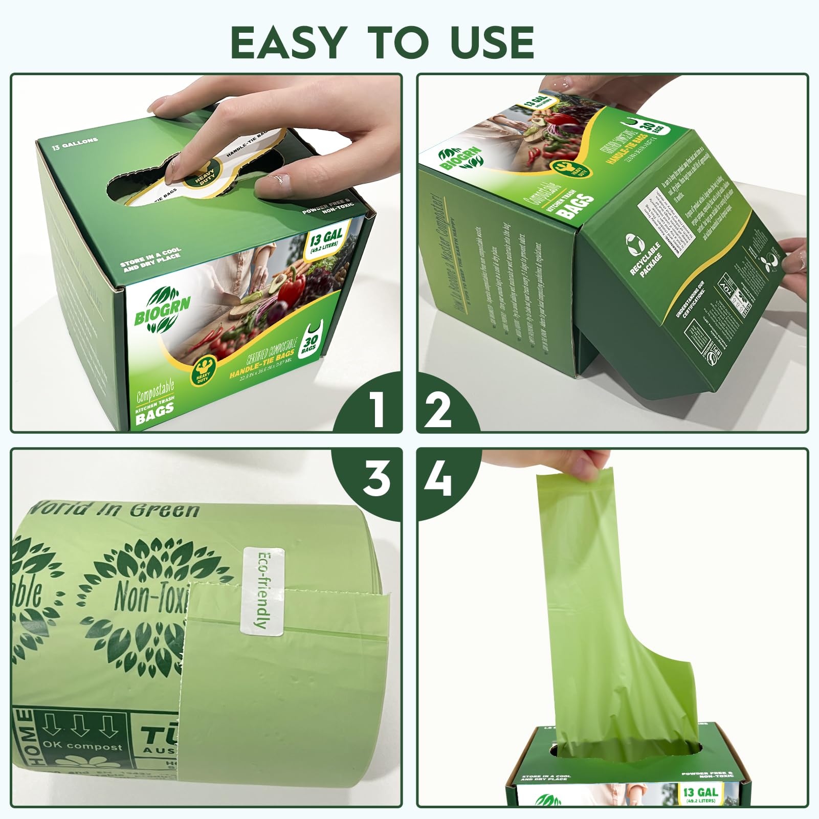 10 13 Gallon Compostable Trash Bags with Handles Tie 30 Bags Biodegradable Garbage Bags Food Scrap Green Waste Bags Thick 0.87 Mil 49.21 Liter ASTM D6400 (30 Count)